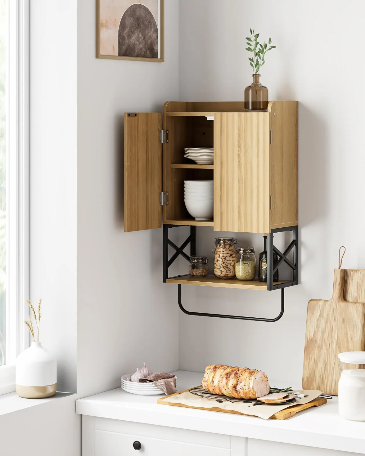 Armario de baño suspendido madera estantes ajustables mueble pared ahorra espacio roble moderno