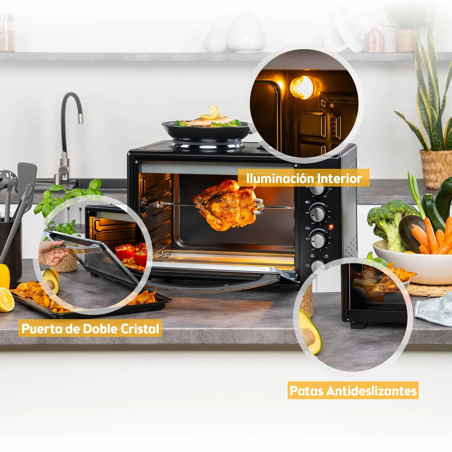 First Austria Mini Horno 45L 3200 W con Quemadores para Pizza 230°C Revestimiento Antiadherente Multihorno 4 Alturas