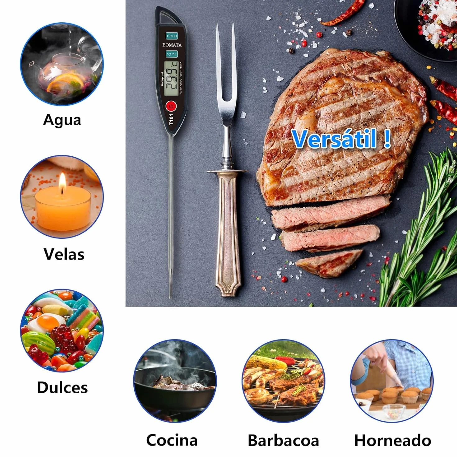 BOMATA Termómetro impermeable IPX7, agua, líquidos, velas y cocina. Termómetro de lectura instantánea para alimentos, con sonda larga, para cocinar, carnes y barbacoas.T101 Negro