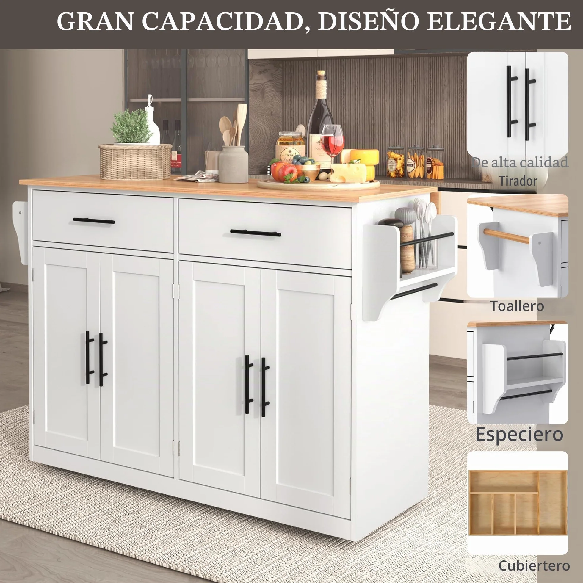 Isla de Cocina Armario de Cocina con Encimera con Tablero Plegable, 120 x 46 (70) x 91 cm, con Ruedas y Patas de Madera Intercambiables, Independiente, Azul Cielo, Moderno