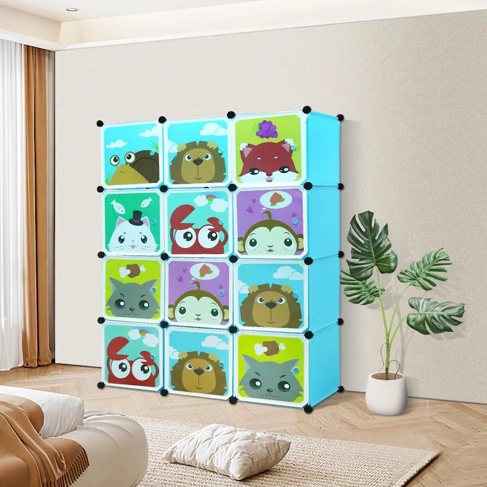 Mueble de almacenamiento infantil con 12 cubos armario modular ABS 111x37x147 cm azul