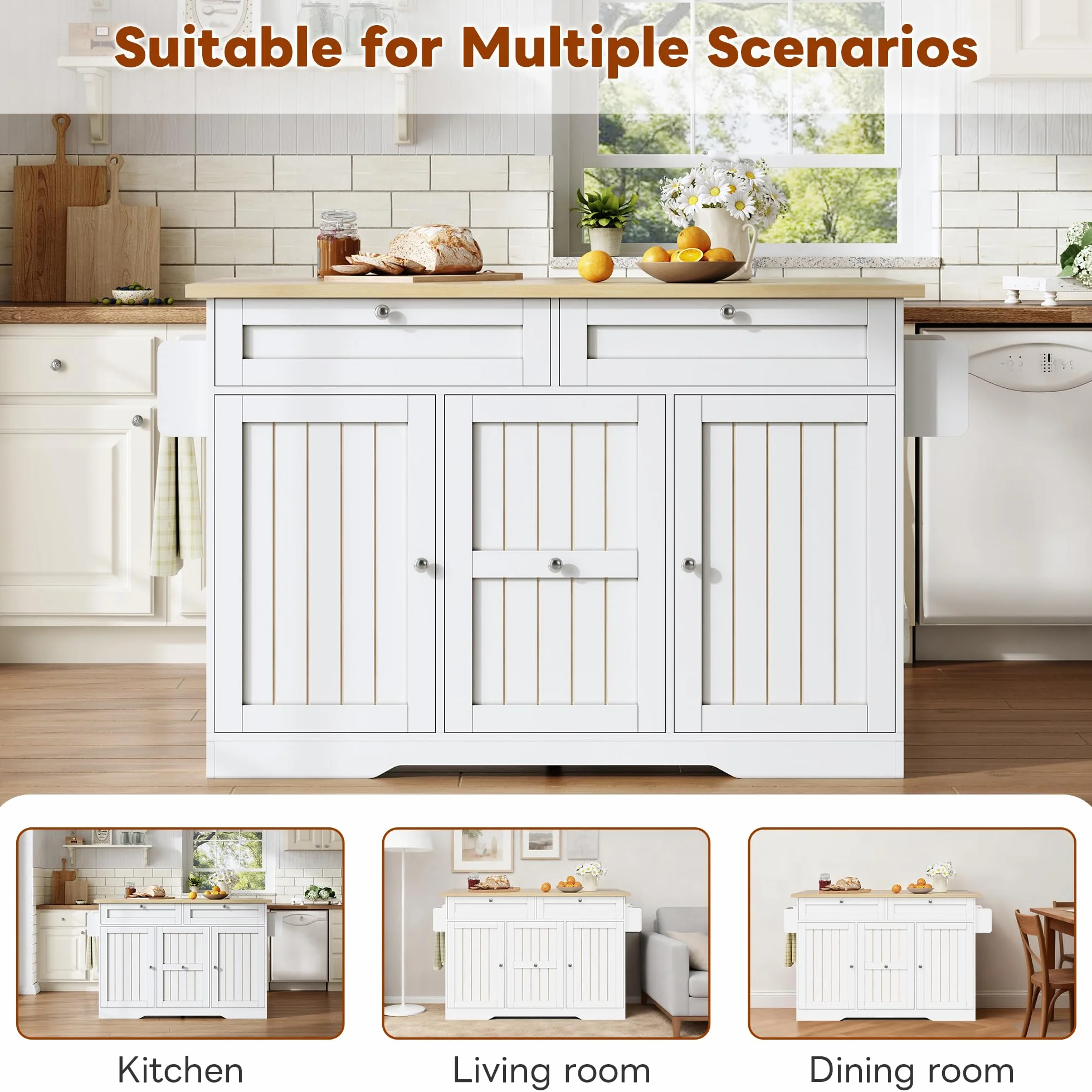 Isla Cocina con Ruedas y Encimera Plegable, Mueble Auxiliar de Cocina con 3 Cajones y 2 Puertas, Isla de Cocina con Estante para Condimentos y Toallero, 137x45-70x92 cm, Natural+Blanco