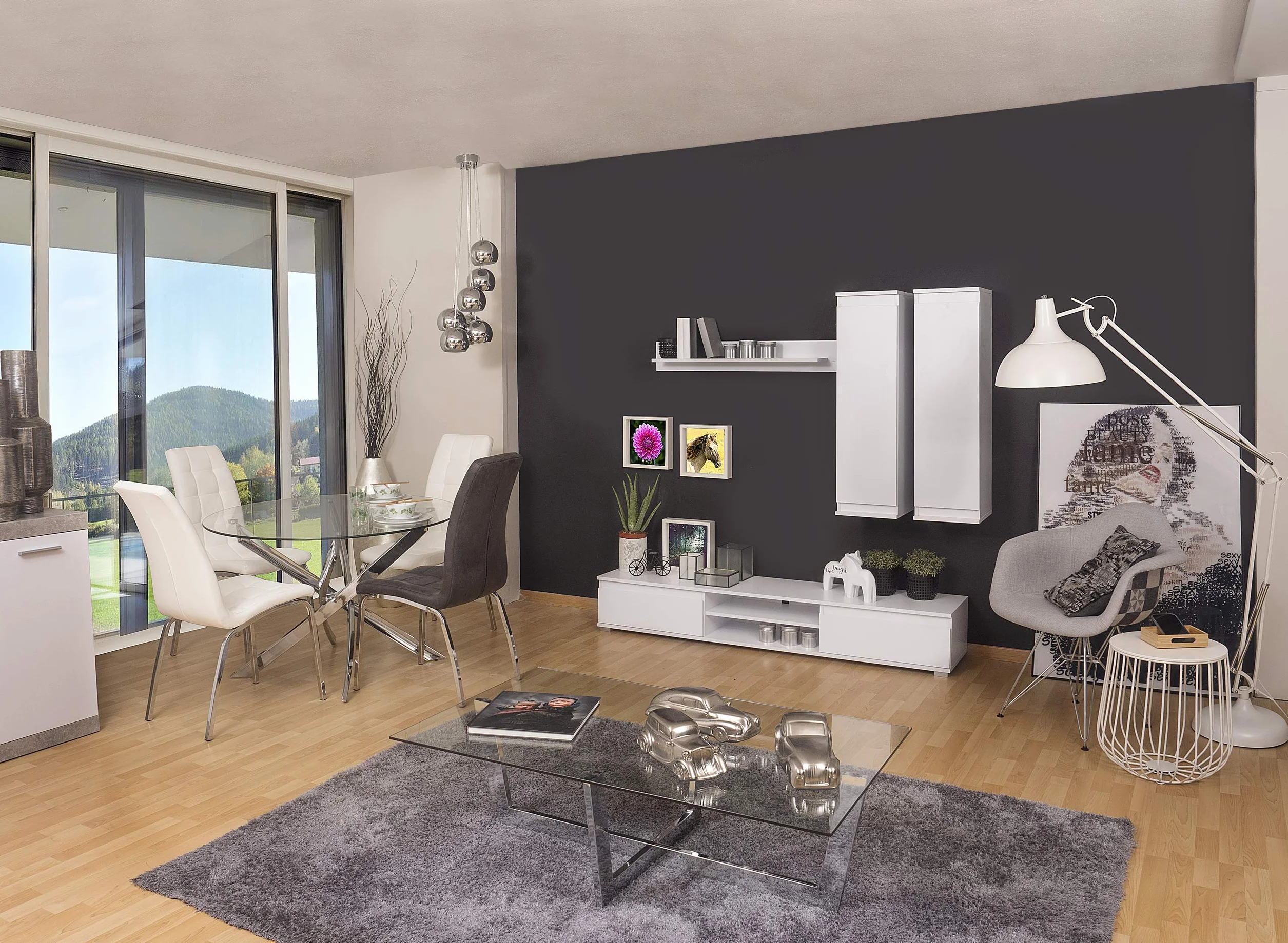 Homely - Mueble de salón modular LUCKY, conjunto de 4 muebles, mueble para televisión, 2 muebles altos y estantería alta, color blanco, medidas conjunto 175x180x37 cm