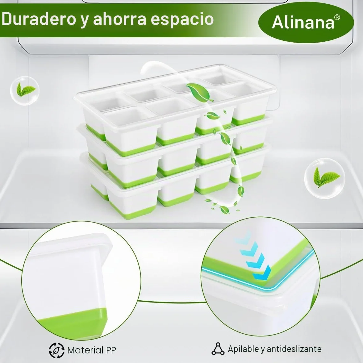 Cubiteras para Hielo Grande Alinana Juego de 3 Cubitera Silicona con Tapa Grandes Apilables Sin BPA Capacidad 24 Cubitos