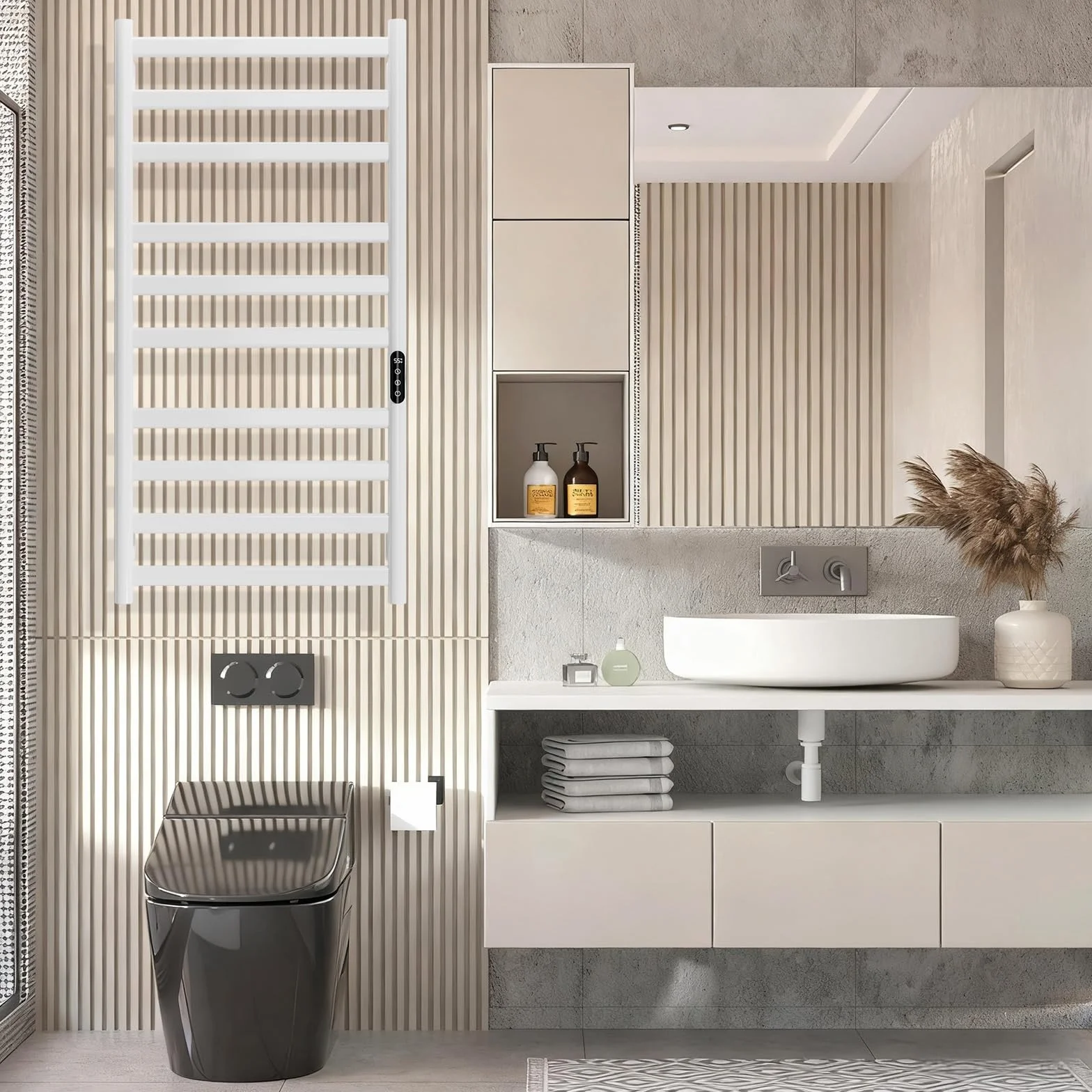 Radiador Toallero Eléctrico Baño, 285 W Radiador Calienta Toallas de Toallero, Toallero Calentado Temperatura Ajustable 30–70 °C, Temporizador 1-9 H y Pantalla táctil LED, IPX4, 50x100cm, Blanco