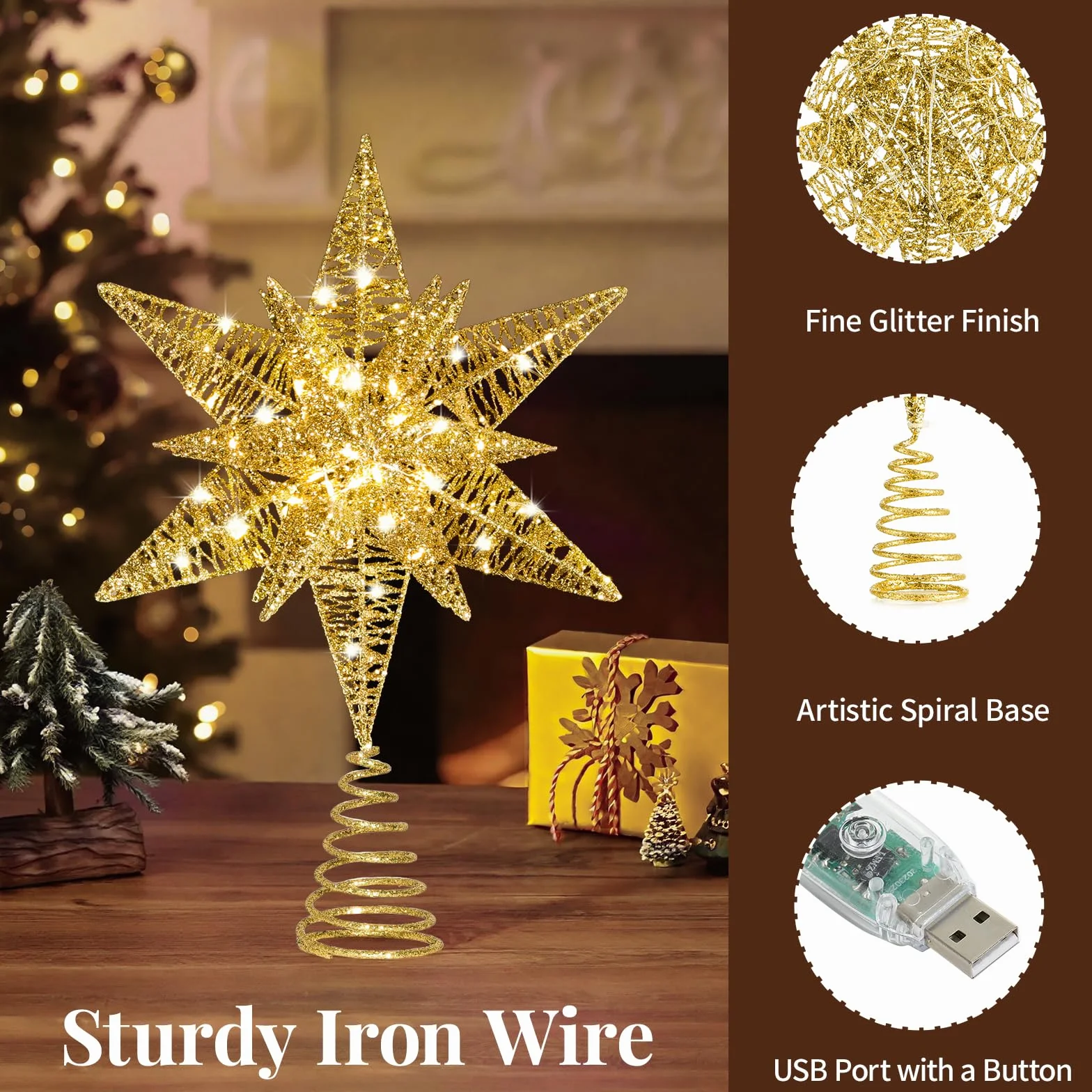 Lewondr Estrella para Copa del Árbol, 28CM Adorno para Árbol de Navidad con 8 Modos de Luces por USB con Mando a Distancia & Temporizador, Gran Topper Árbol Decoración Navideña del Hogar, Oro