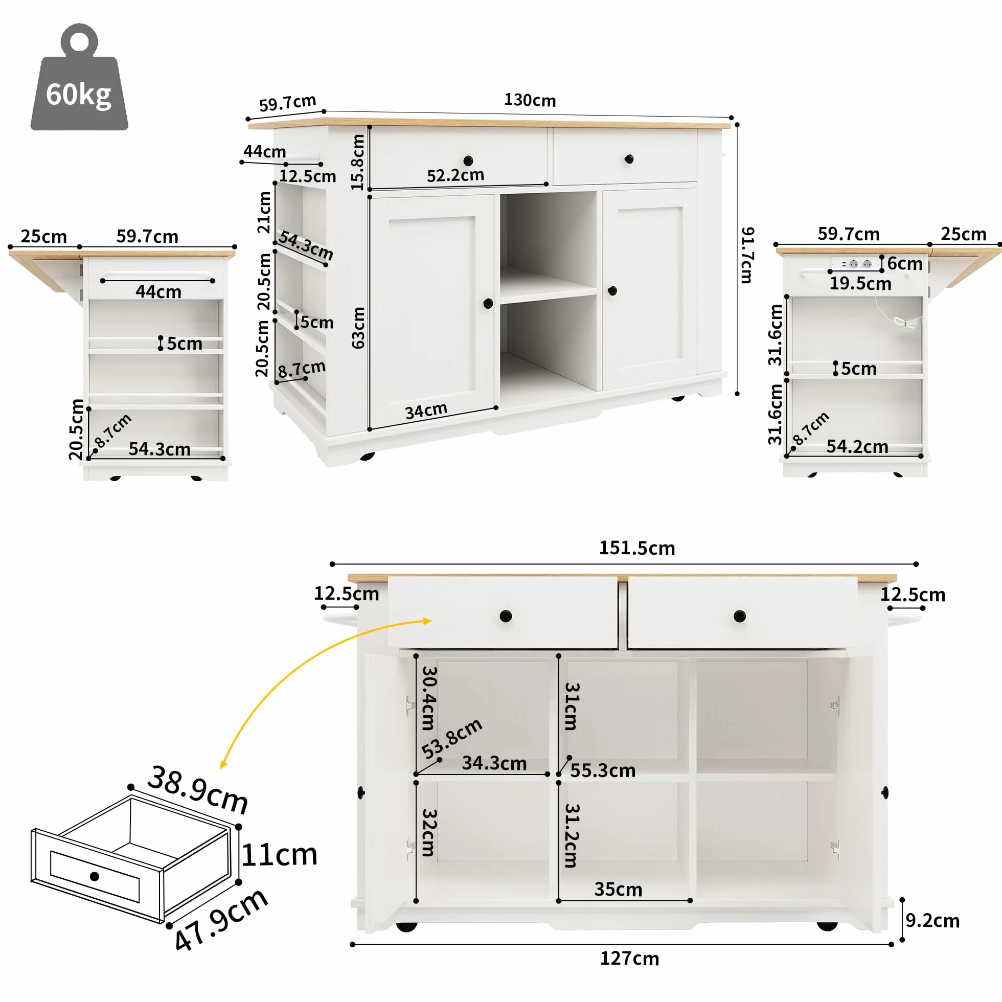 Isla De Cocina, Carro de Cocina con Encimera Extensible, Mueble Auxiliar de Salon con Ruedas y Tomas de Corriente, Mueble Buffet con Cajones y Puertas, 151.5x59.7-84.7x91.7cm (Blanco)