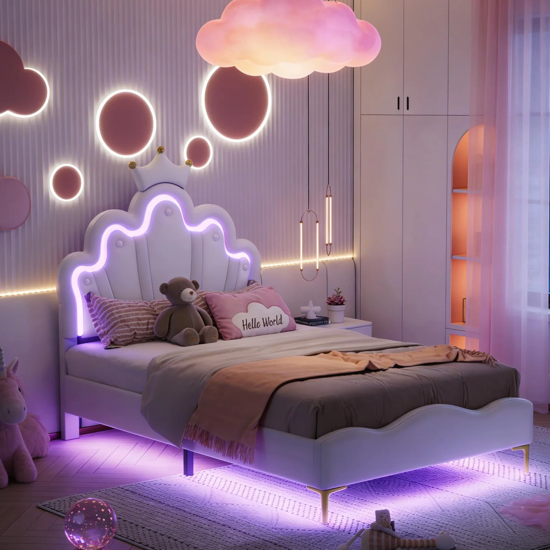 BRILVERDE Cama de Niña 90x200 con LED, Cama Princesa con cabecera coronada, Marco con somier de láminas, para niñas, para niños y adolescentes, PU (blanco, 90x200 cm)