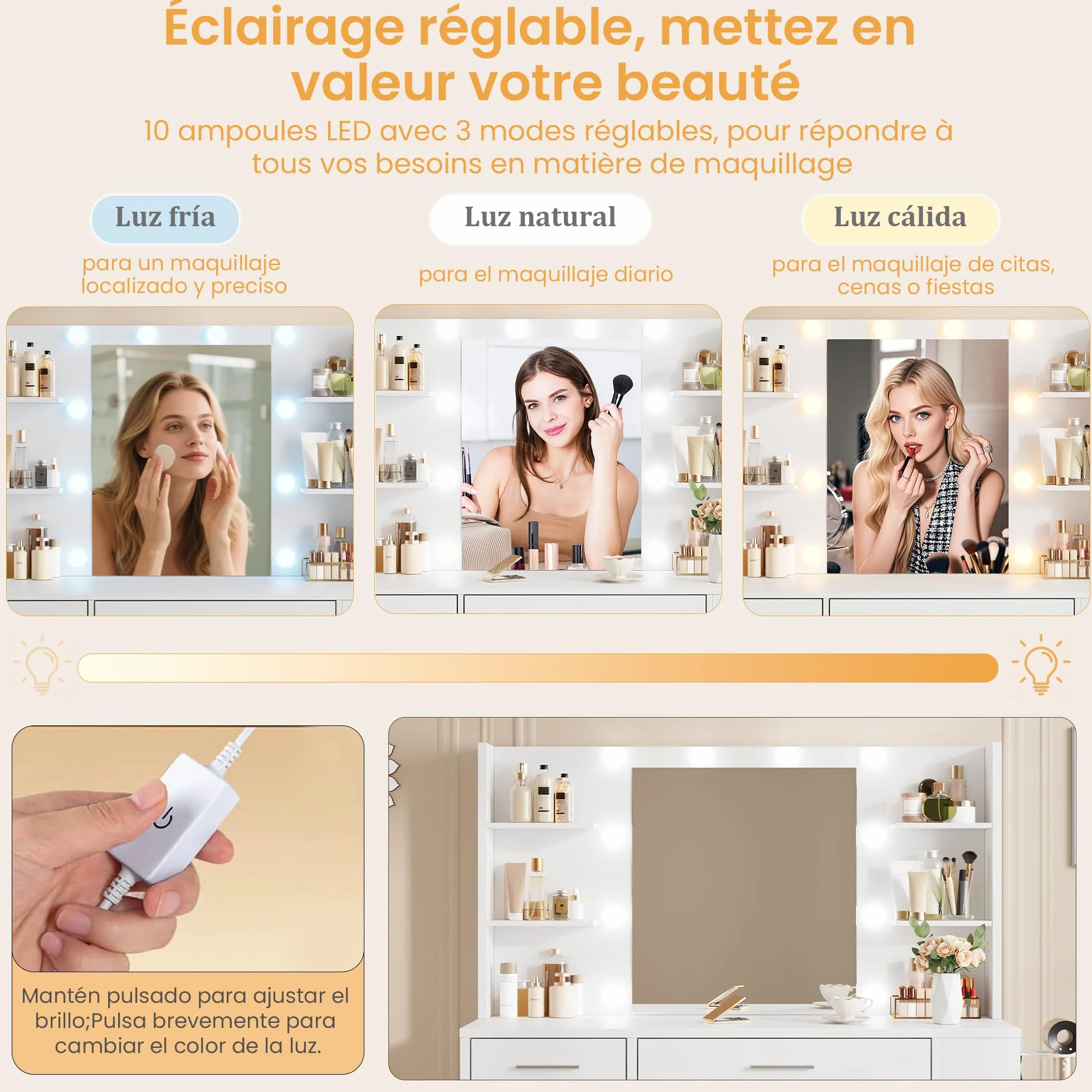 Tocador con Espejo y 10 Luces LED, 3 Estantes, 4 Compartimentos, 5 Cajones, 3 Luces Ajustables, Blanco
