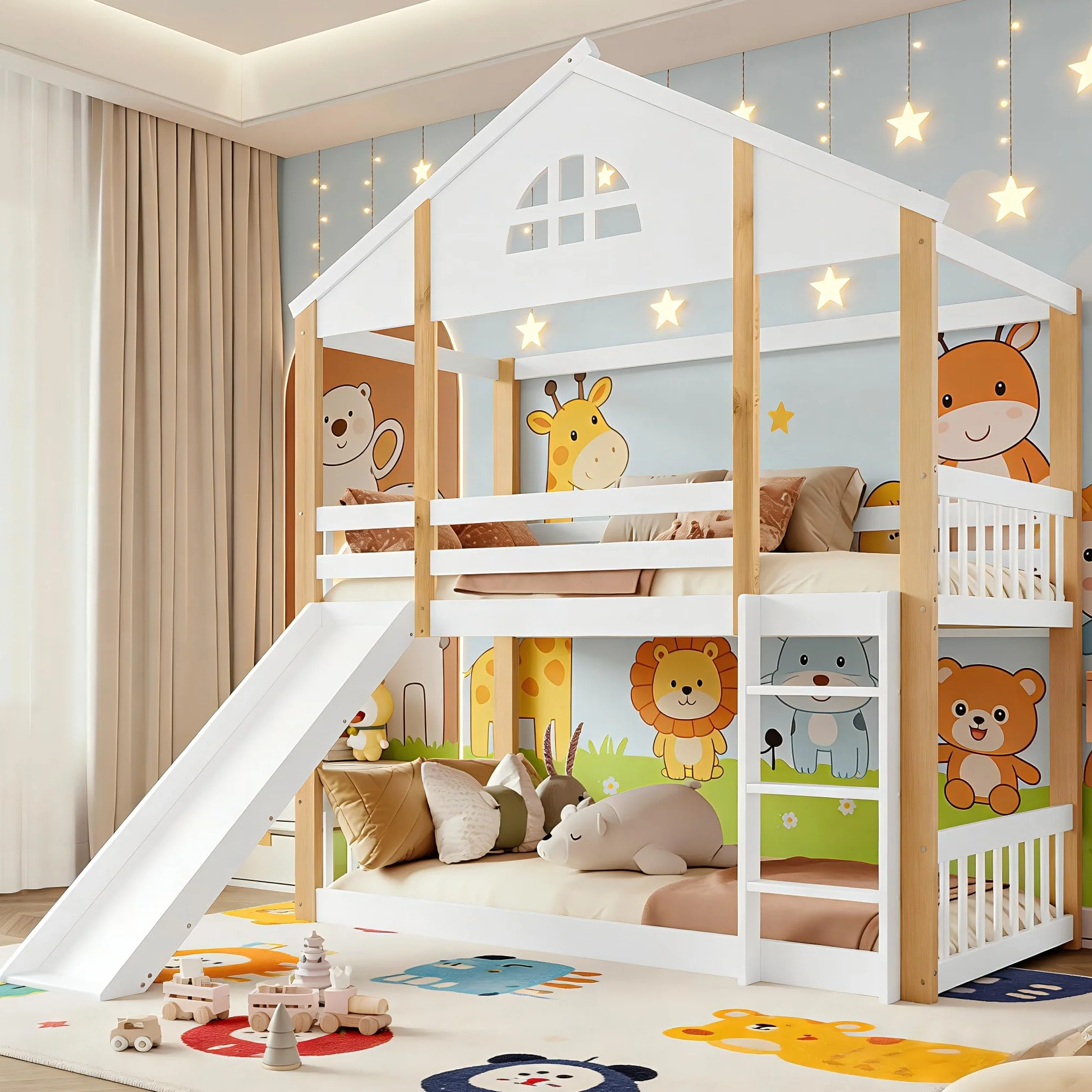 Soweiz Litera Infantil con Tobogán y Escalera, Cama Alta Casa de Madera, 90x200 cm