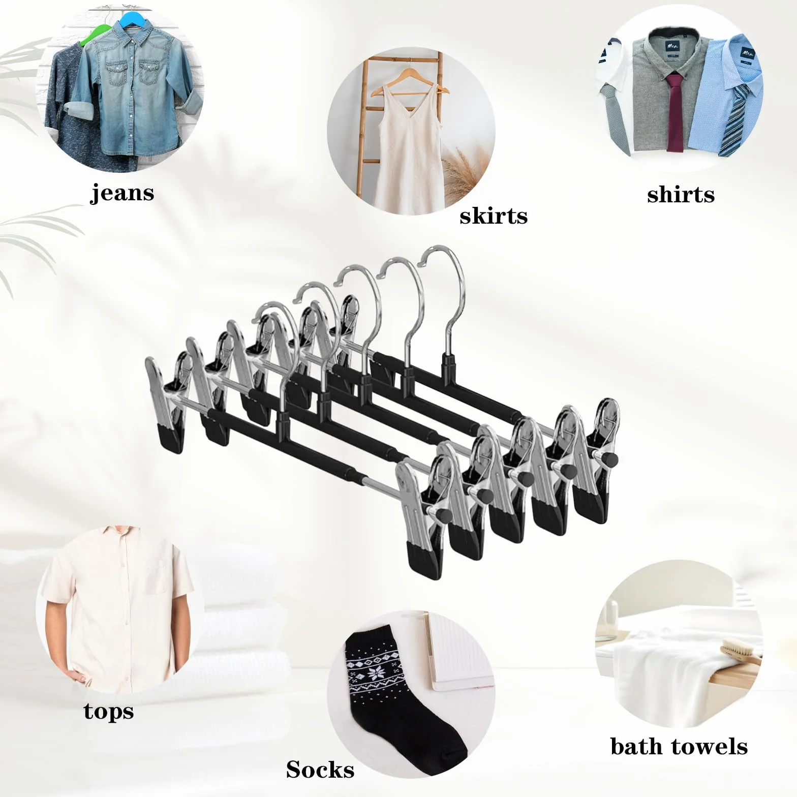 10 Pcs Perchas para Pantalones, Perchas Faldasde Metal con Pinzas Clips Antideslizantes Ajustables, Colgadores Falda Ahorran Espacio para Colgar Ropa Abrigo Prenda Jeans Perchas, Negro