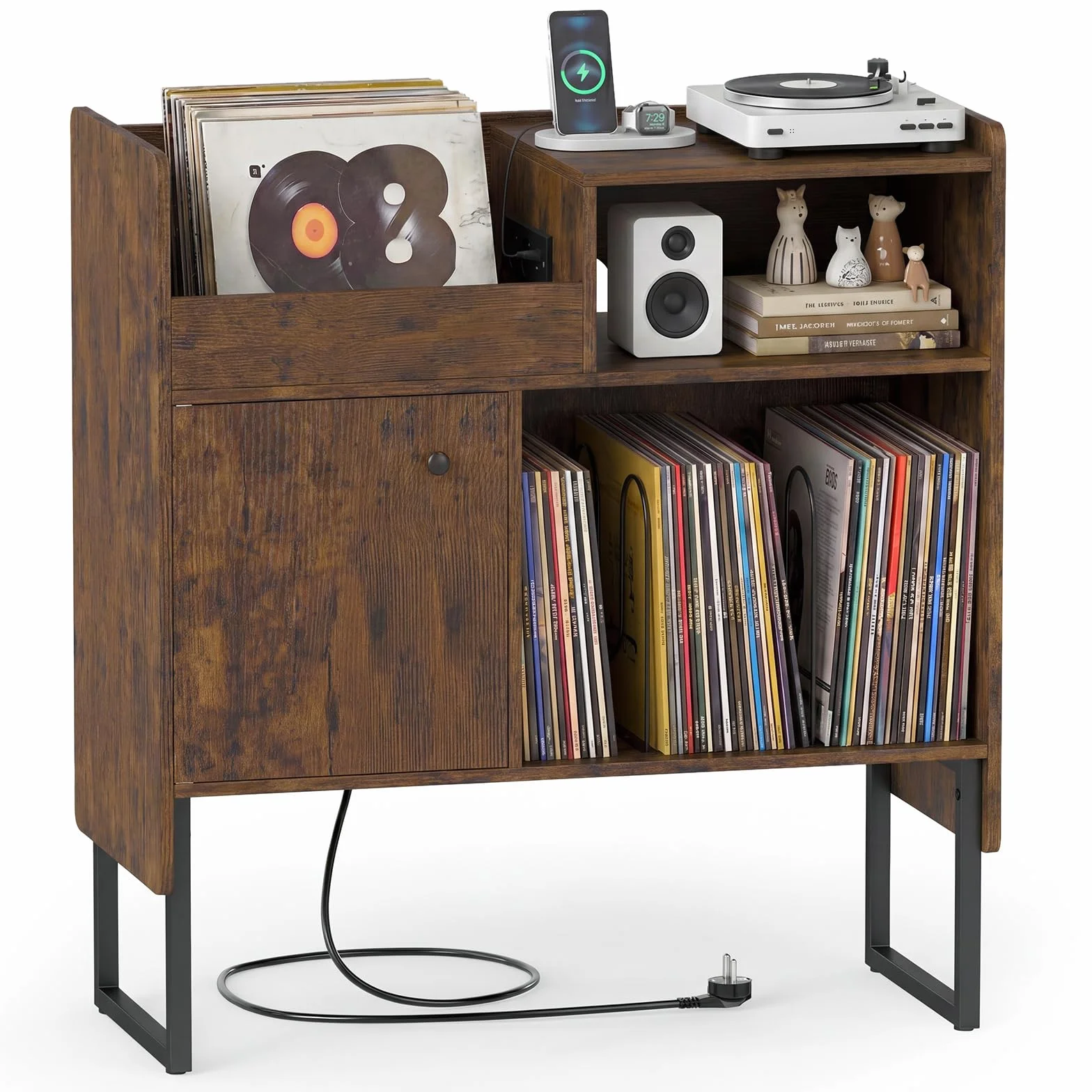 COSTWAY Mueble para Tocadiscos con Almacenamiento de Vinilos, Soporte Industrial, 80 x 35,5 x 85,5 cm