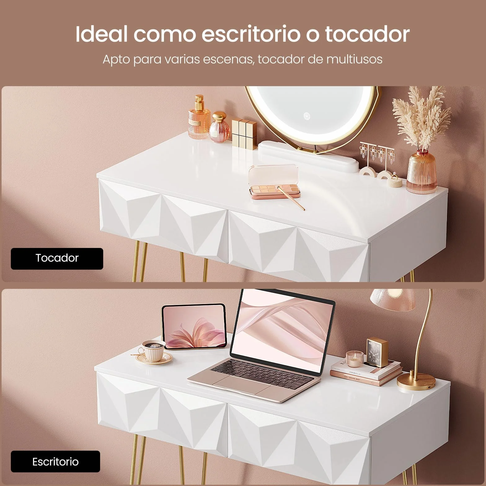 EUGAD Tocador de Maquillaje con Luz y Taburete, Conjunto de Tocador con Espejo con Silla Terciopelo, con 2 Cajones, Blanco + Dorado, 0056SZT