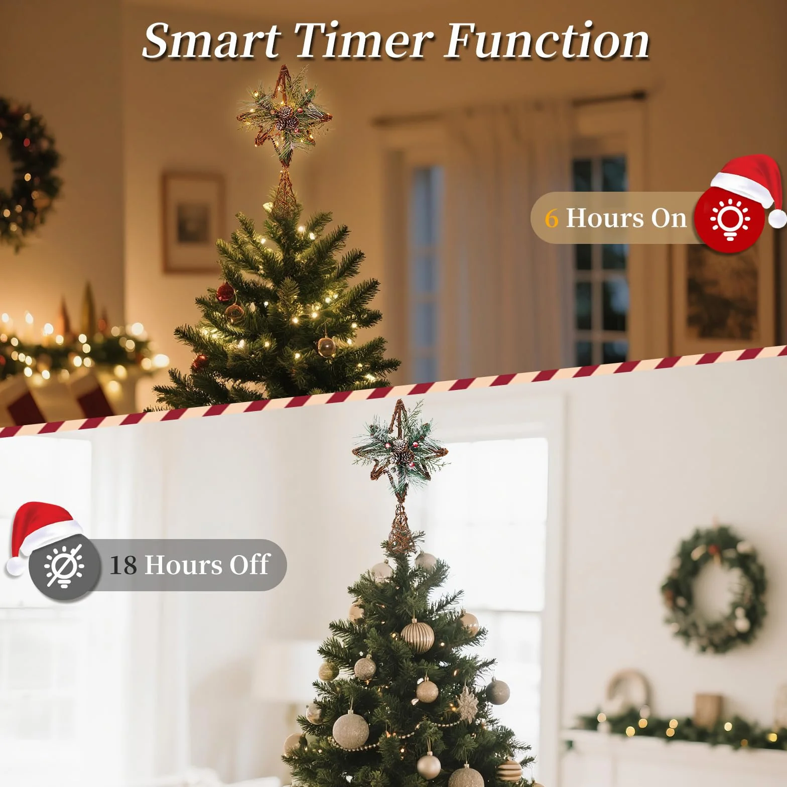 Lewondr Corona De Árbol De Navidad, 13,19" 20 LED Estrella De Navidad Ratán Rústica con Piña Y Hojas, Temporizador 6H, 8 Modos De Luz, USB Y Control Remoto Estrella Corona Árbol, Marrón