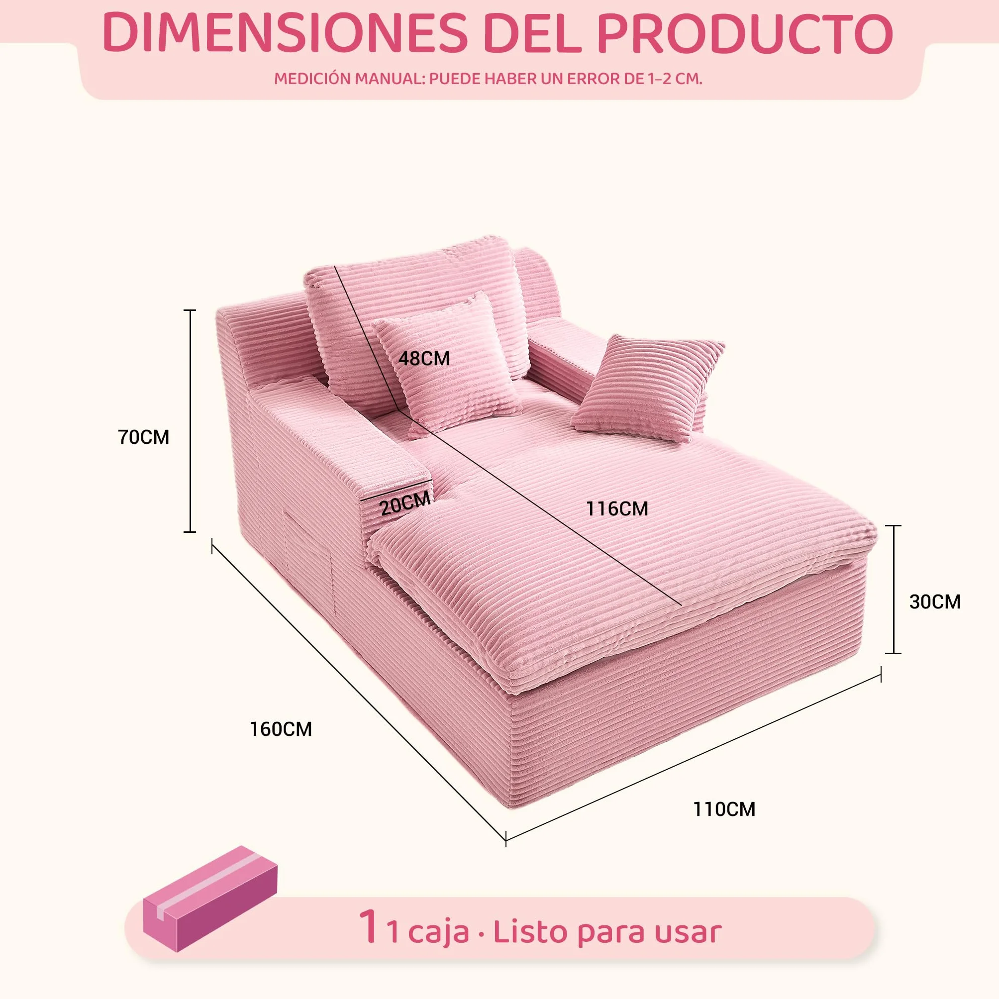 Sofá Chaise Longue 160 cm, Sofá de Suelo Modular sin Estructura con Función de Dormir, Sofá Tipo Nube Compacto para Salón o Apartamento, Sin Montaje (Rosa) | Diseño boneless, sin montaje, asiento lounge, comodidad envolvente, ahorra espacio, espuma de alt
