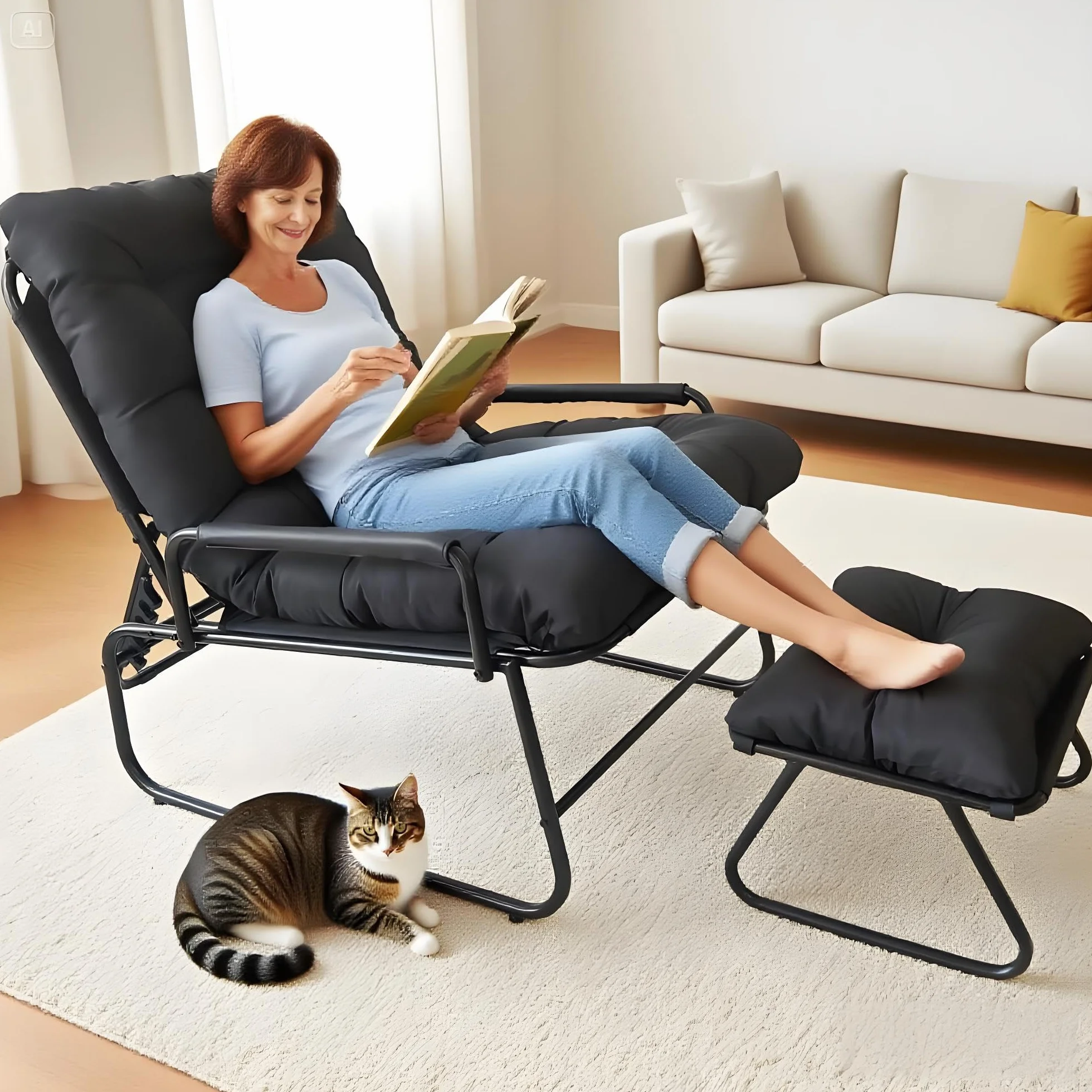 Sillón Reclinable con Reposapiés, Respaldo Ajustable en 4 Niveles, Sillon Relax, Poltrona Sala, Sillon de Lectura, Adecuado para Sala de Estar, Dormitorio, Balcó (Negro)