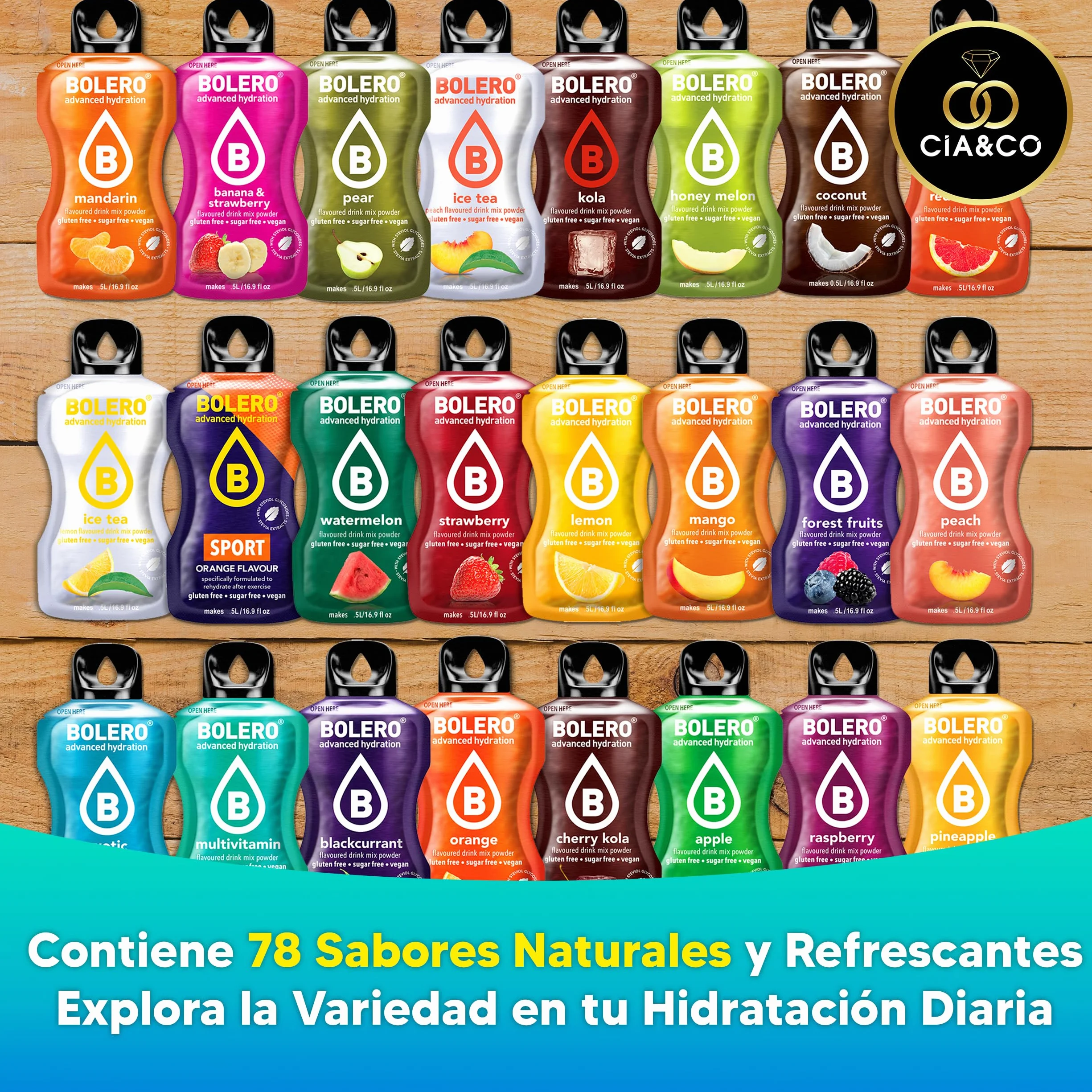 Bolero MIX Sabores VARIADOS 78x9g + BOTELLA 1500ml Aguamarina + 50 Pepitas Saludables Cia&Co - Hidratación Saludable sin Azúcar