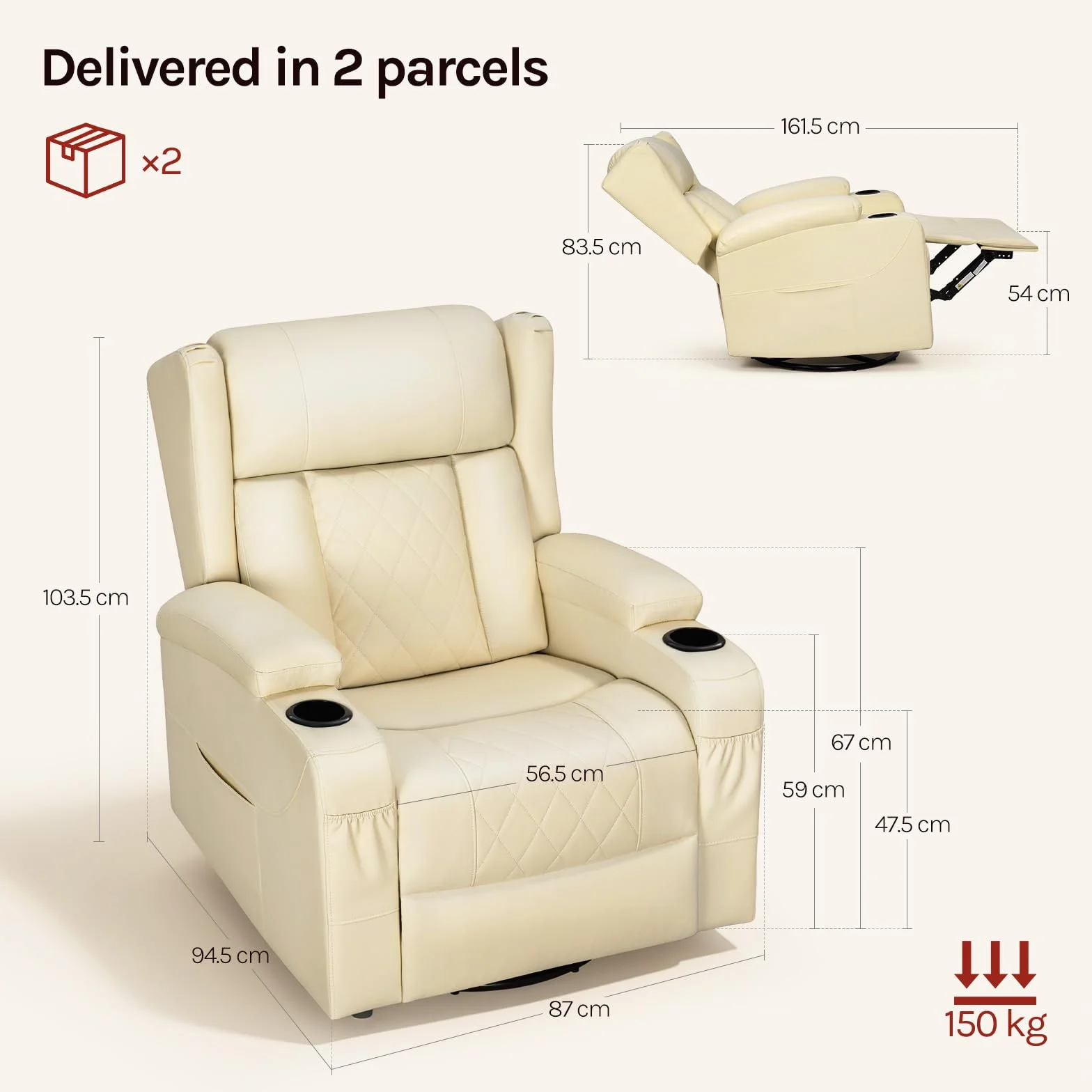 WOLTU Sillón Relax Reclinable, Sofa Individual Giratorio 360° de Función Balanceo y Respaldo Ajustable, con Reposapiés, Bolsas Laterales y Portavasos, Carga 150 kg, Tapizado en PU, Beige