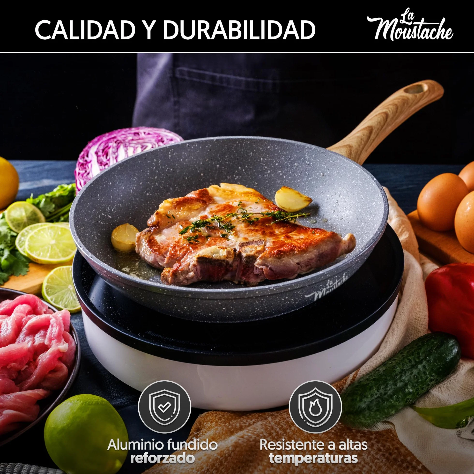 La Moustache Set de Sartenes 20/24/28 cm Antiadherente Apto para Inducción Batería de Cocina Profesional Aluminio