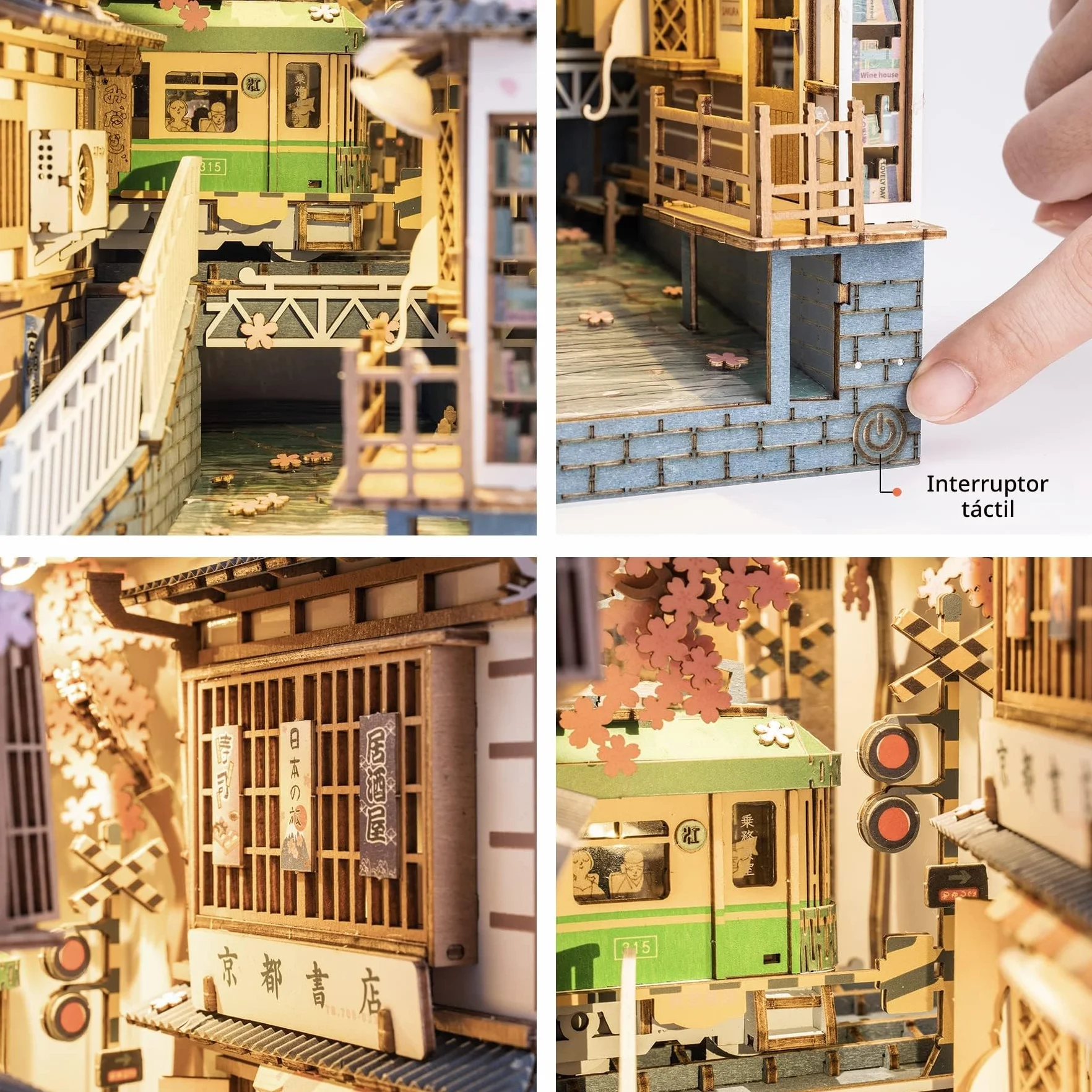 ROBOTIME Sakura Densya Book Nook Kit, Casa Libros de Madera, Bookend con Luces LED, Hogar, Decoración de Estantería, Regalo del Día de la Madre