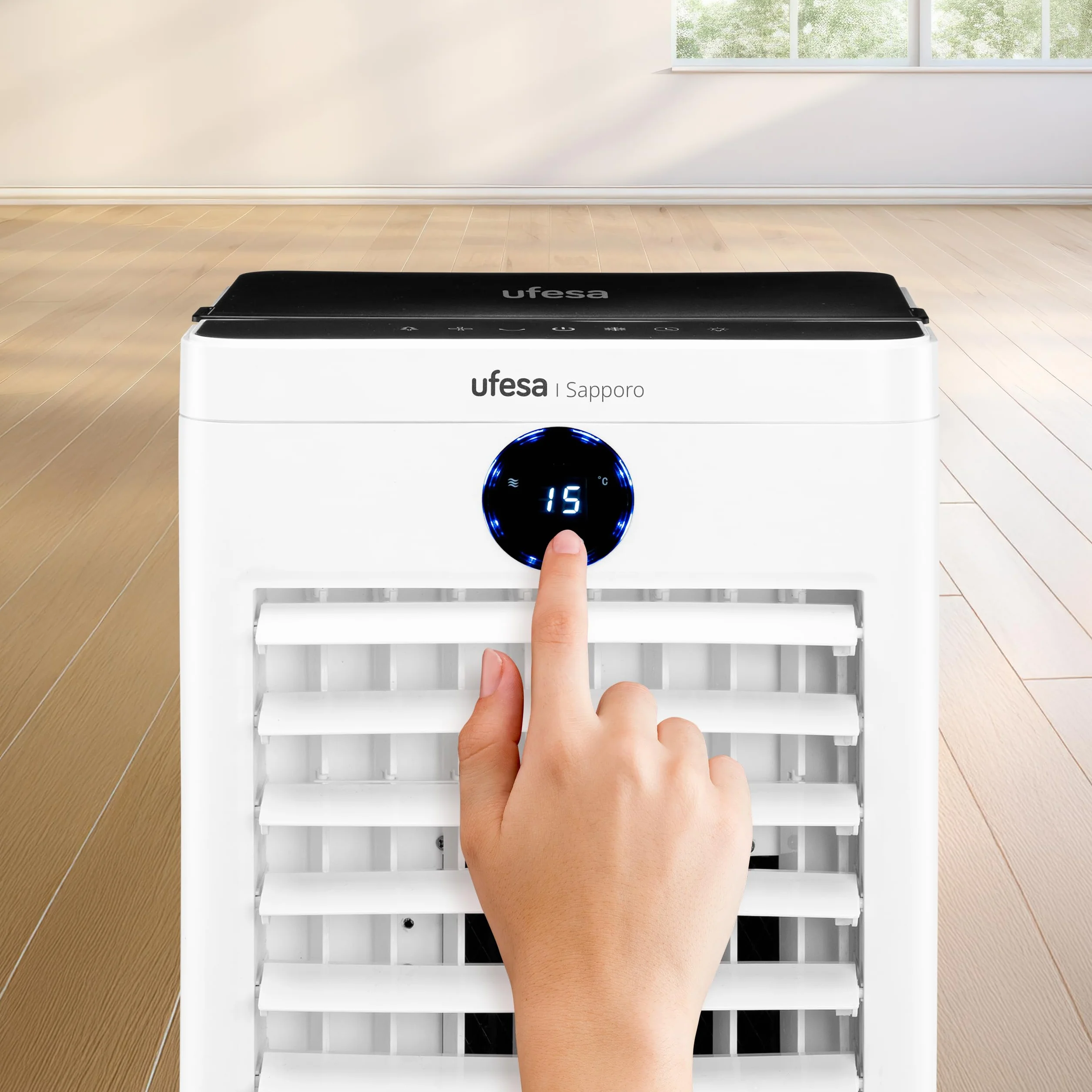 Ufesa Sapporo Climatizador Evaporativo, 100W, Función Fría y Ventilador, 3 Velocidades, 3 Modos, Panel Táctil, Depósito 12L, Temporizador 12h, Filtro Lavable, 2 Bloques de Hielo, Mando a Distancia