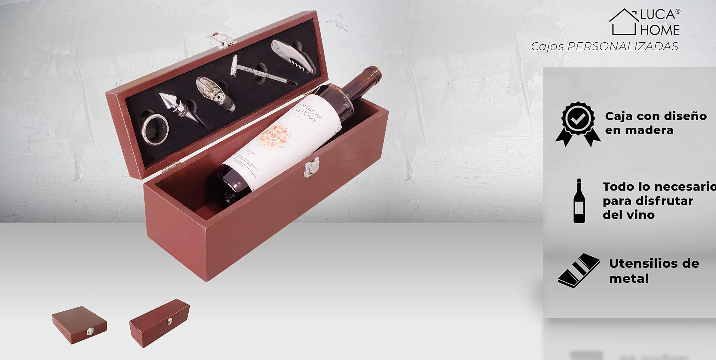 Set de accesorios sommelier con caja de madera para vino, 5 piezas