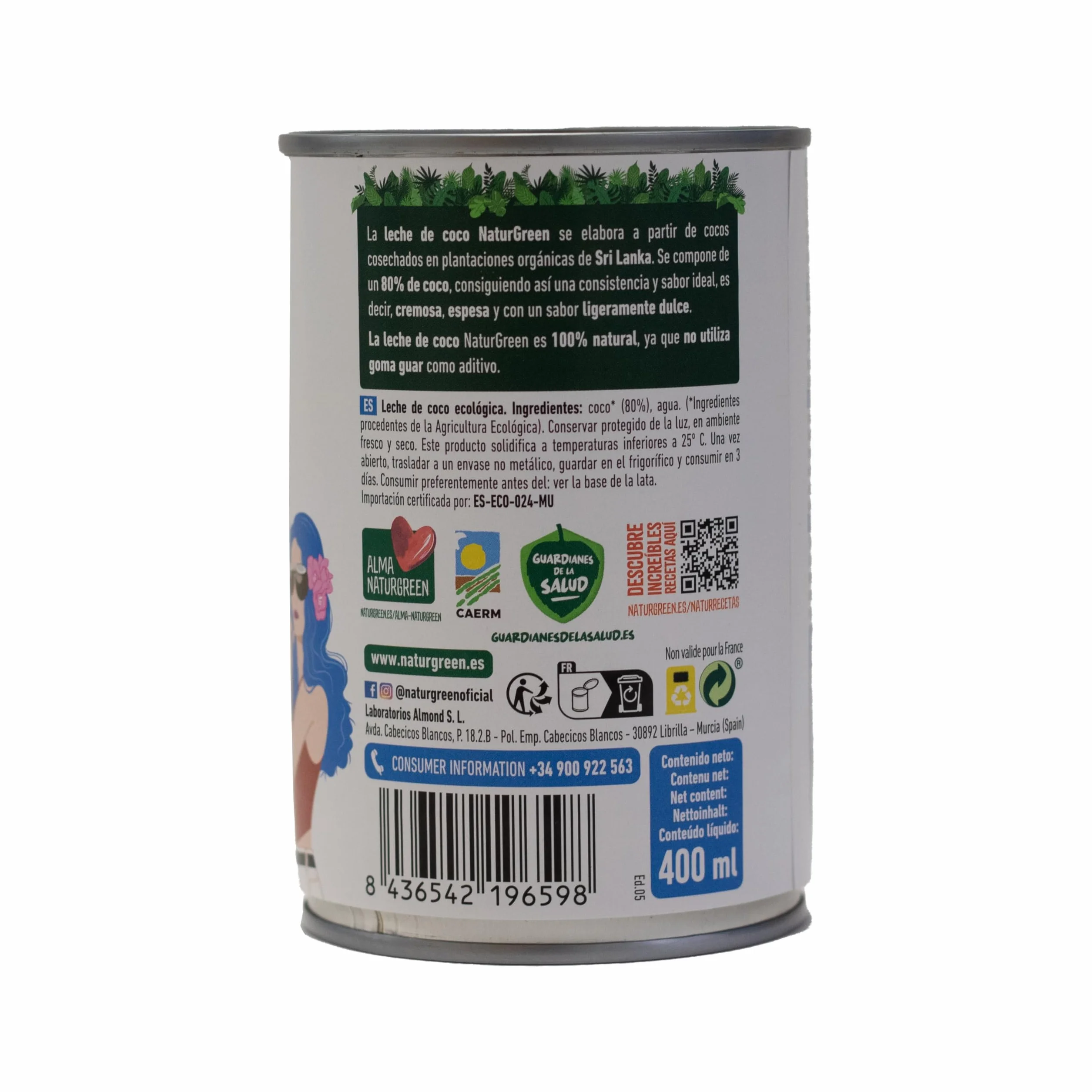NaturGreen Leche de Coco BIO Cremosa Ecológica Sin Azúcar 400 ml