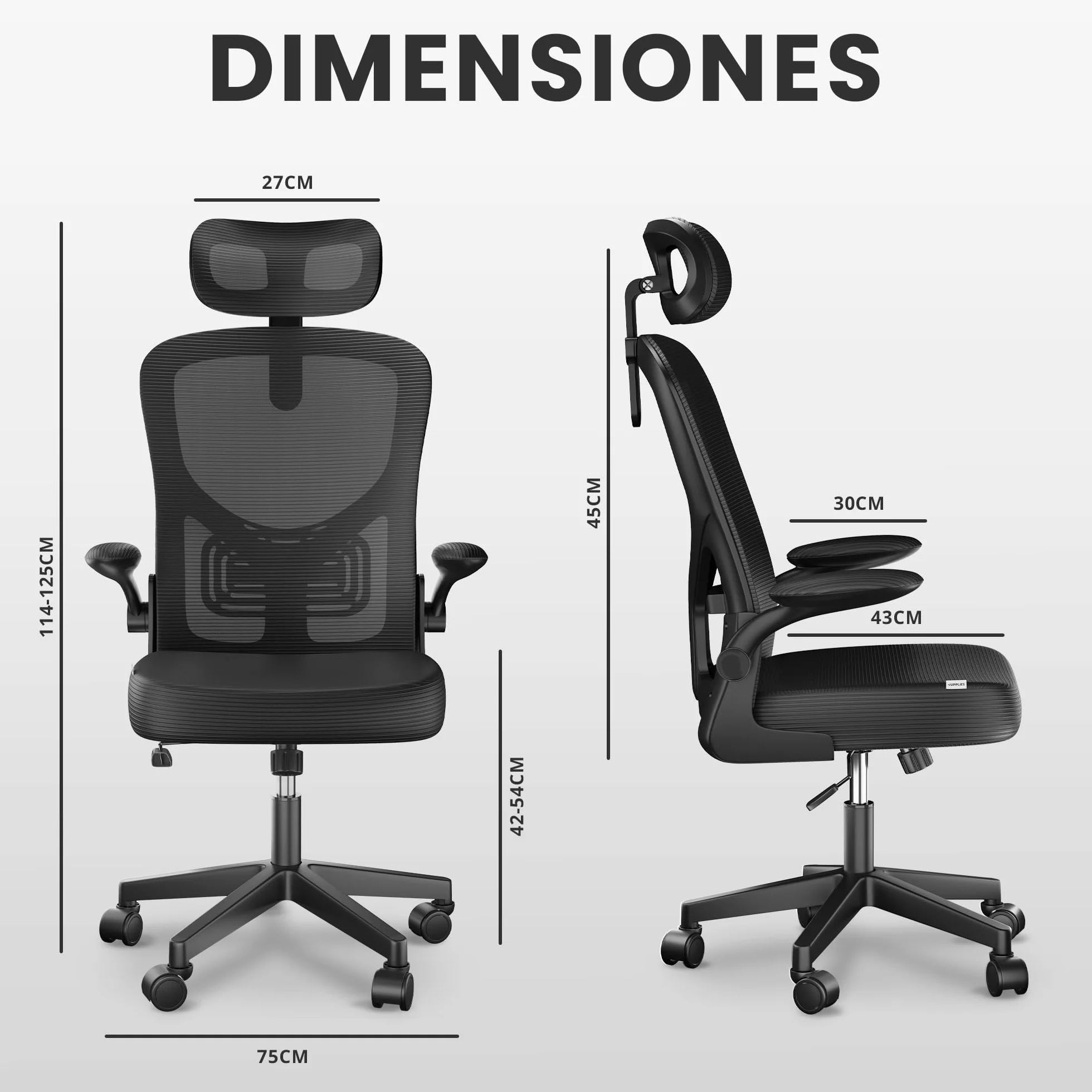Silla Escritorio Ergonómica Ajustable Reclinable con Soporte Lumbar, Reposacabezas, Reposabrazos Plegables, Malla Transpirable, Ruedas 360°, 120 kg