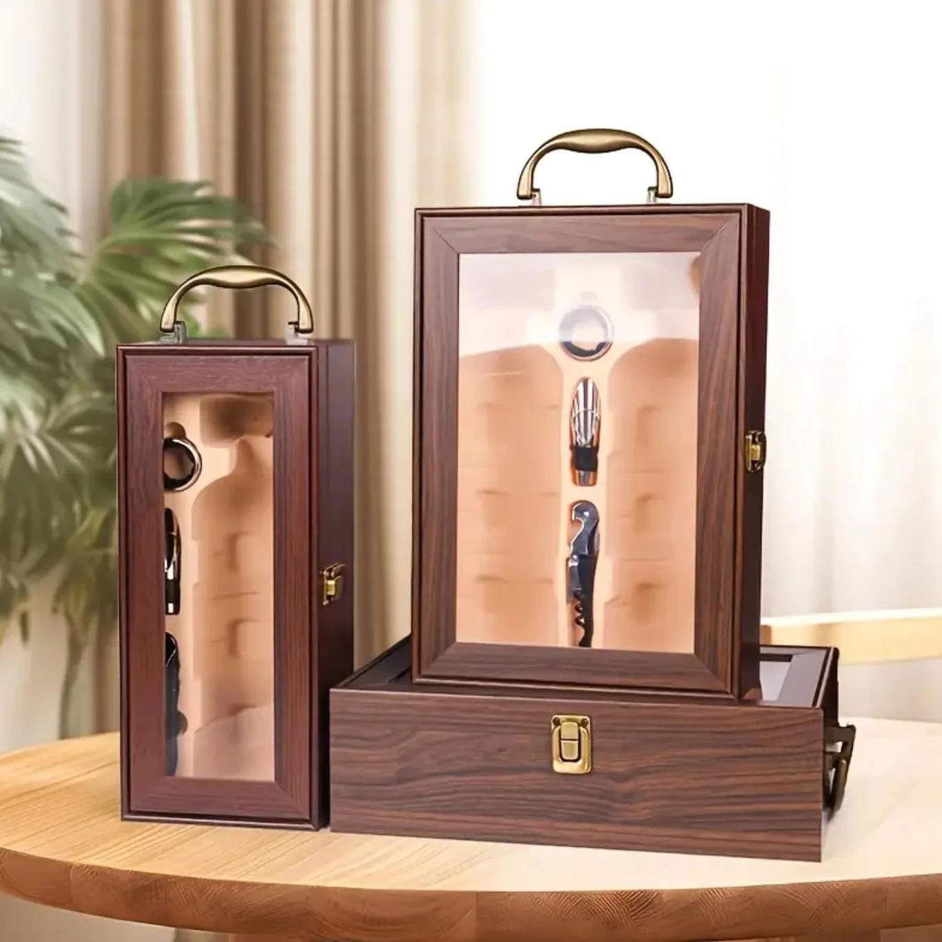 Caja de regalo para botella de vino, caja de exhibición de lujo para almacenamiento de vino, champán o whisky con herramientas, tornillo de corcho, vertedor, servilleta/anillo de goteo, vino