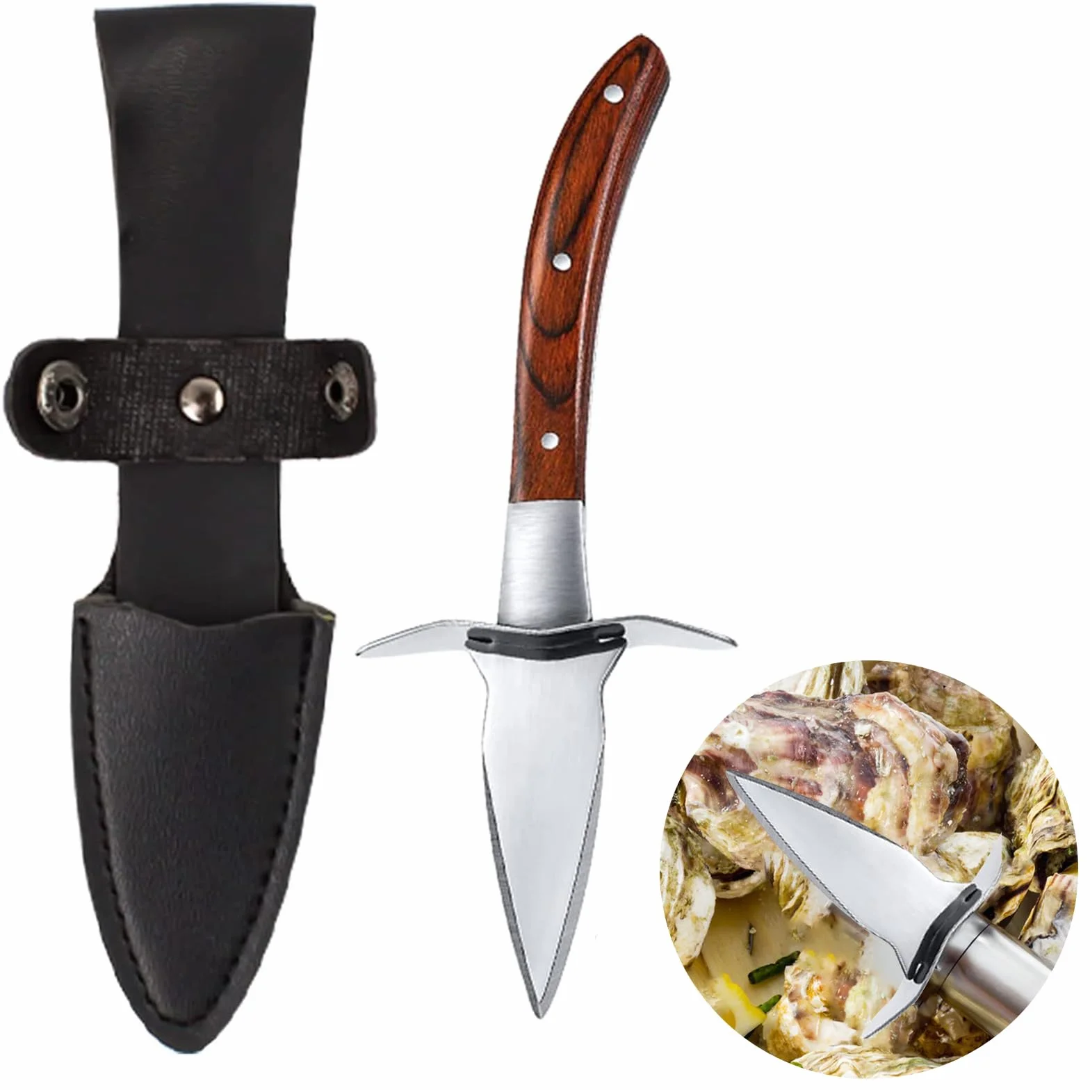 Abridor de Ostras, Cuchillo para Ostras, Ostras Shucker con Mango de Madera y Funda de Cuero, Abridor Herramientas para Almejas, Mariscos