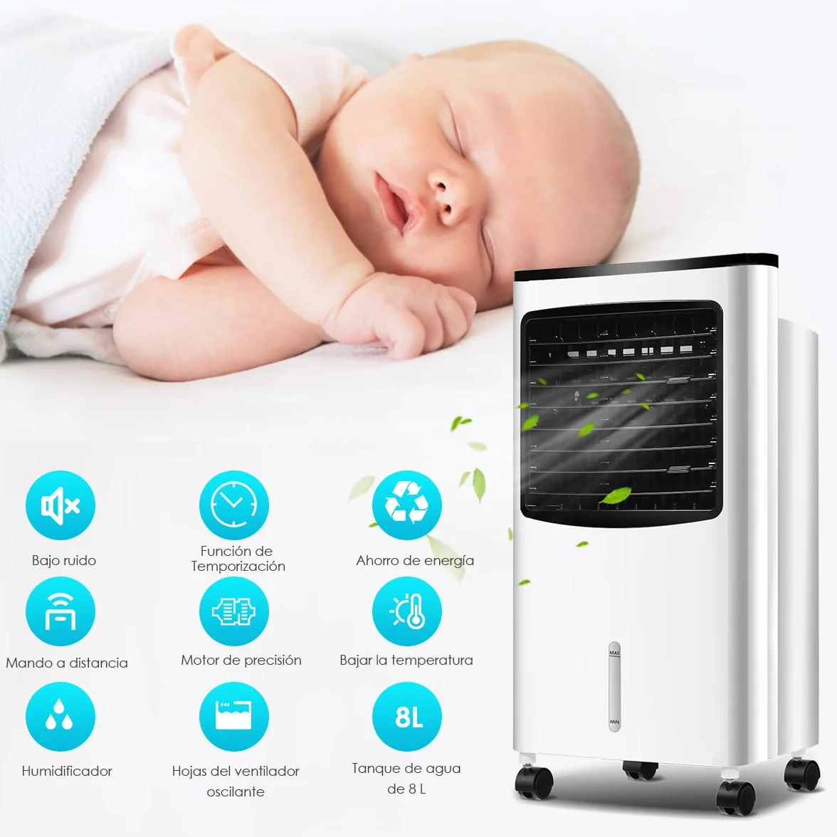 GOPLUS Aire Acondicionado Portátil 4 en 1, Purificación Ventilador Humidificador Enfriador de Aire Móvil con Depósito de Agua 8L, Climatizador Evaporativo 3 Velocidad, Temporizador 7,5H, Contro Remoto