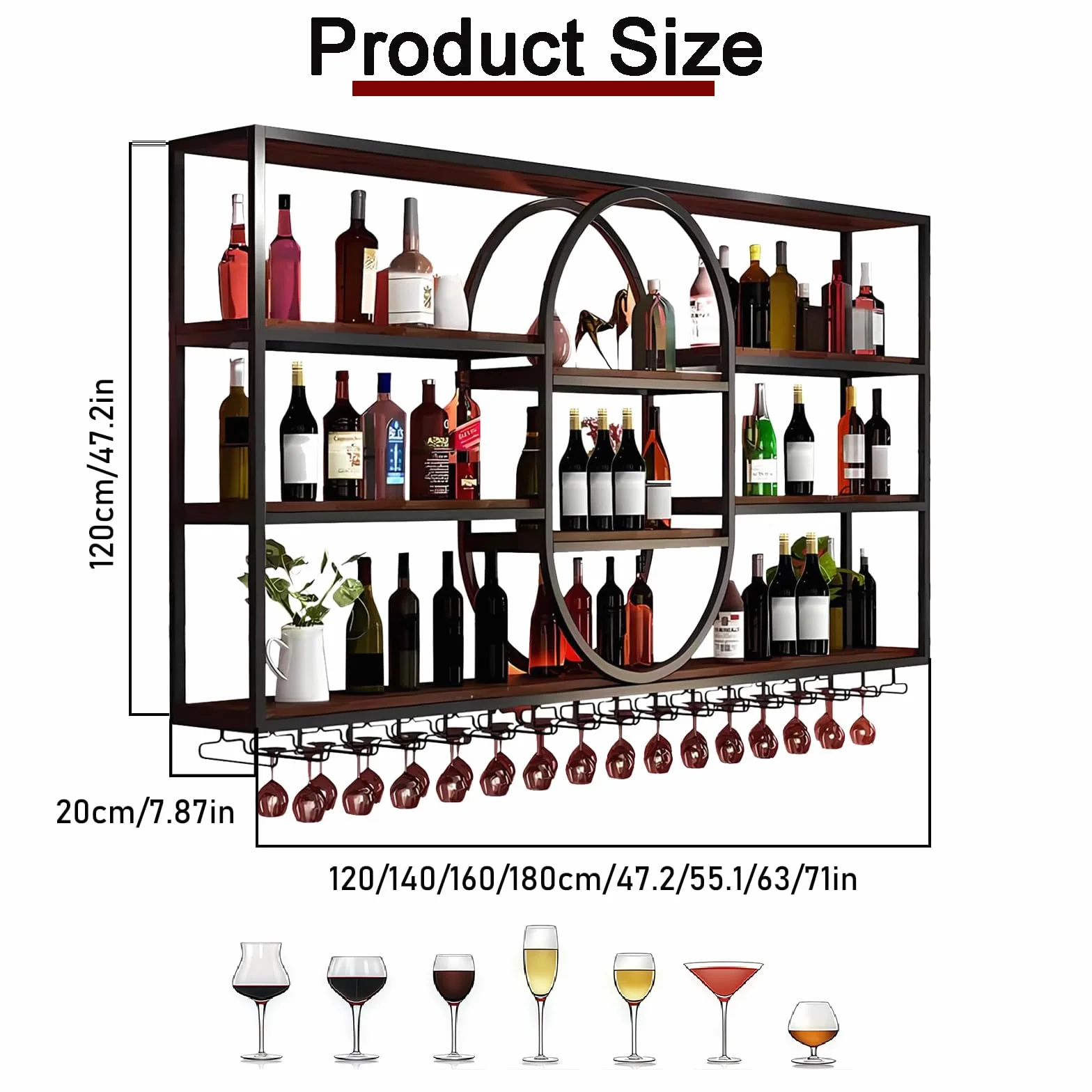 Botellero de Pared de Metal de Gran Capacidad, Estante para Vino de Pared Ovalado Moderno, Soporte para Copas y Botellas, Metal para Vino Industrial, 120-180cm, Negro/Dorado (nero, 140*20*120cm)