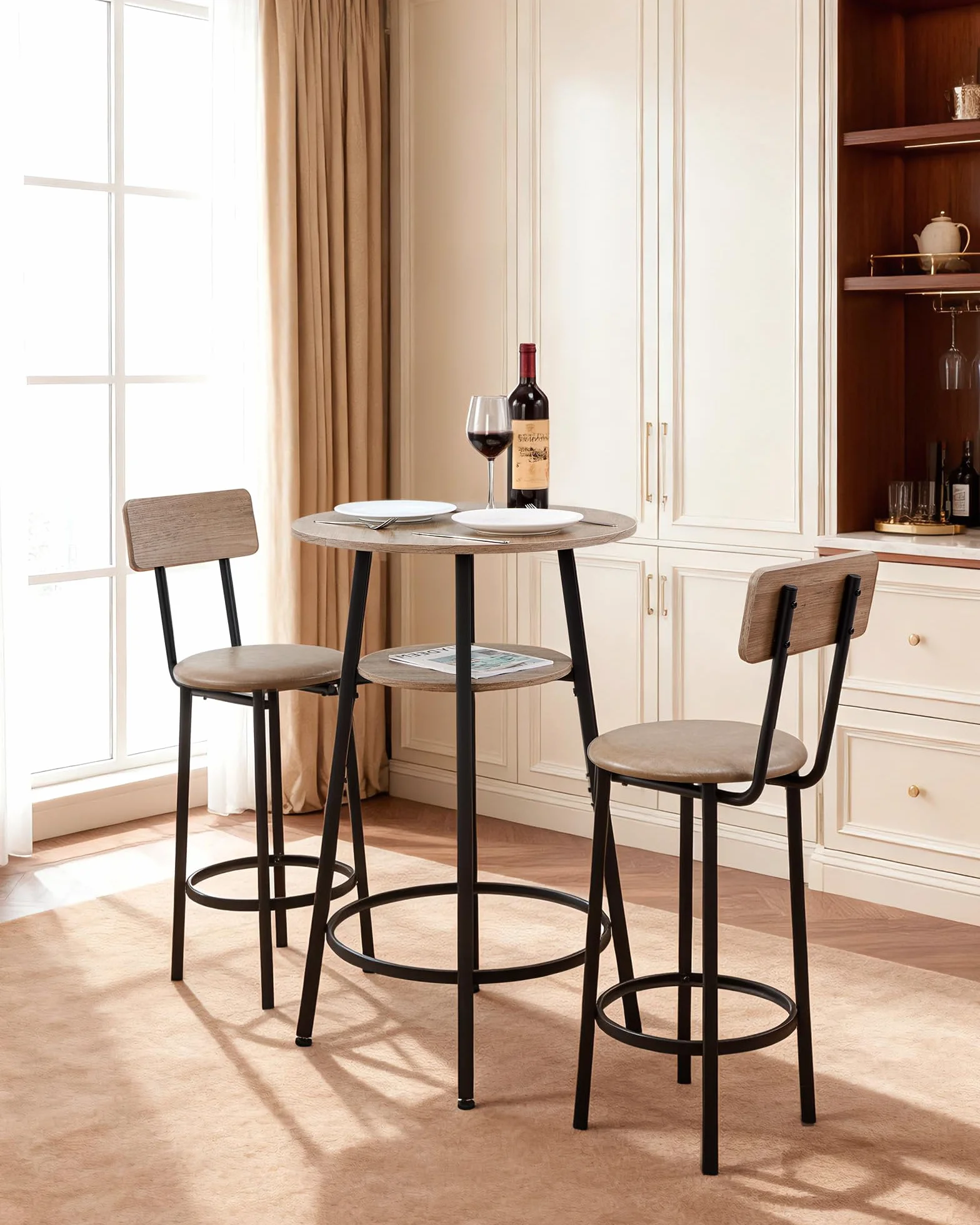VEVOR Mesa de Bar Redonda con 2 Taburetes 60 x 60 x 91,5 cm, Juego de Mesa Alta para Comedor, Metálica Fuerte Duradera, Estilo Industrial Moderno, para Cocina Salón Bar Estrecho Barra Alta Desayuno