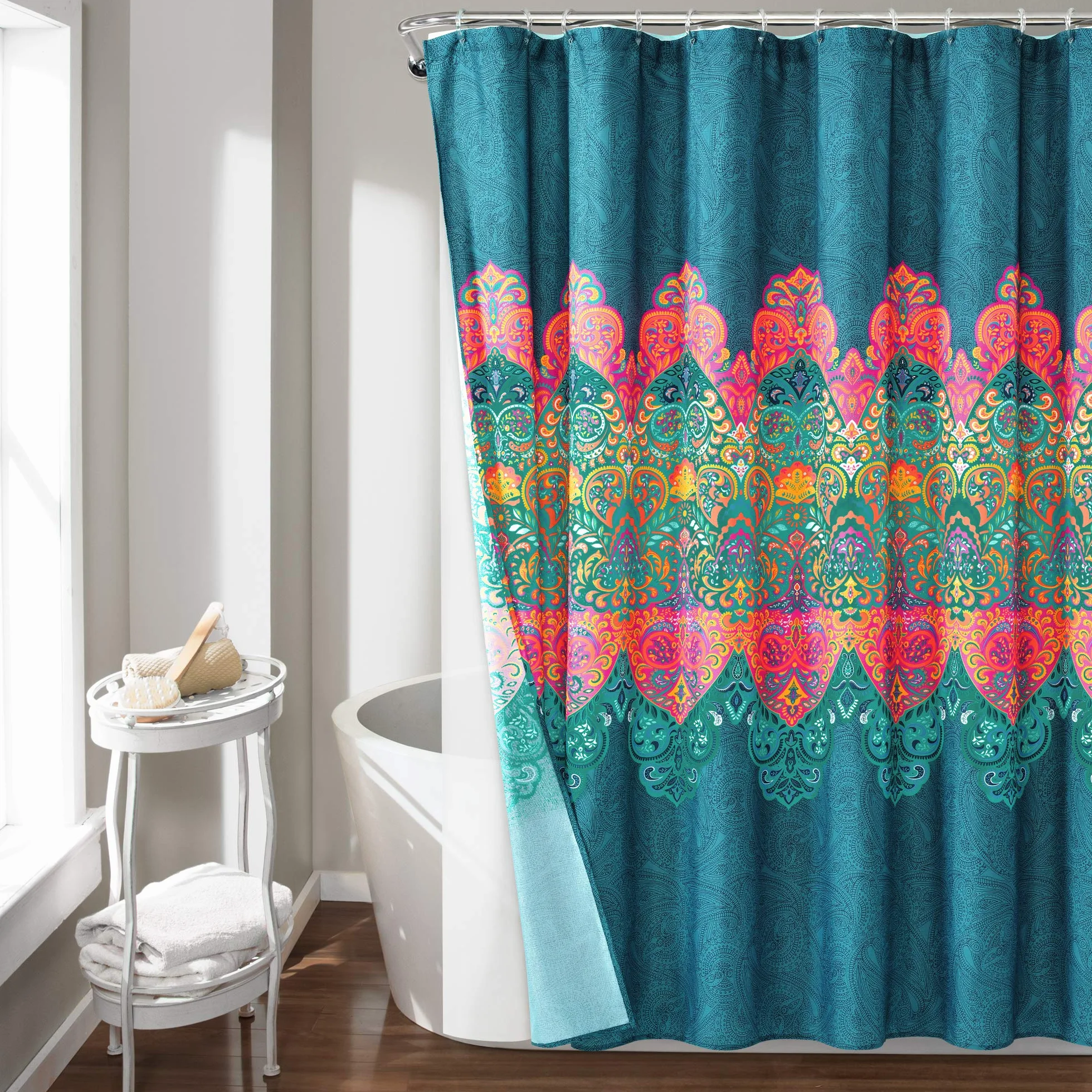 Lush Decor Boho Chic Cortina de Ducha con Forro de Peva y Anillos, 14 Piezas Completas, 72 Pulgadas x 72 Pulgadas, Azul Marino