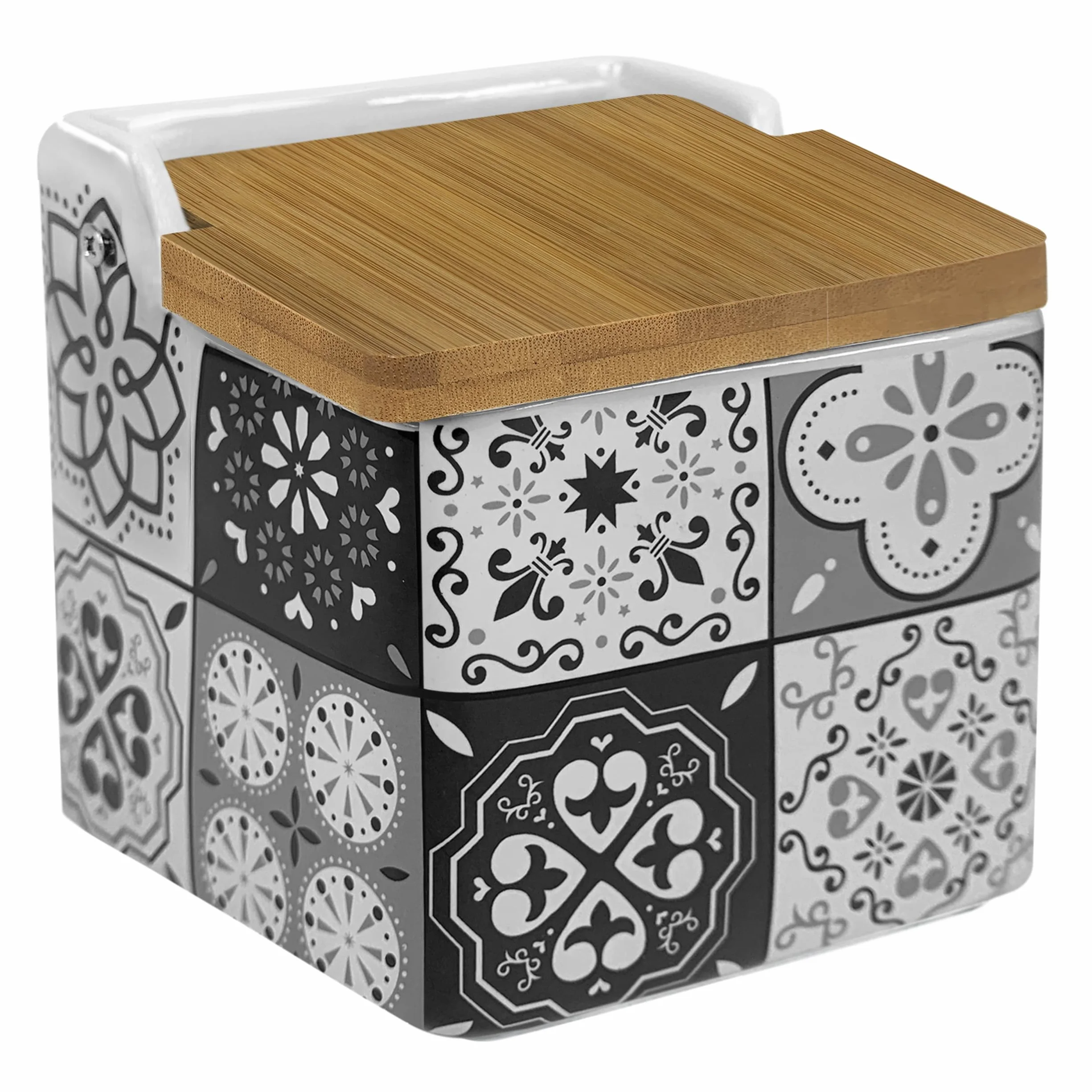 TIENDA EURASIA - Salero de Cocina de Cerámica | Tapa Abatible de Bambú | Diseño Moderno de Mosaico | Color Gris | Medida 12 x 12 x 11 cm | Saleros de Cocina Modernos