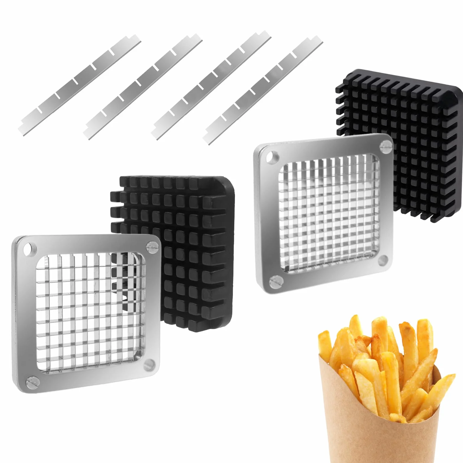 Hoja de repuesto para picadora, 2 piezas de 1/4 pulgadas y 3/8 pulgadas, hoja de acero inoxidable y bloque empujador para máquina de corte de frutas, cortador de tomate, cebolla, patatas fritas