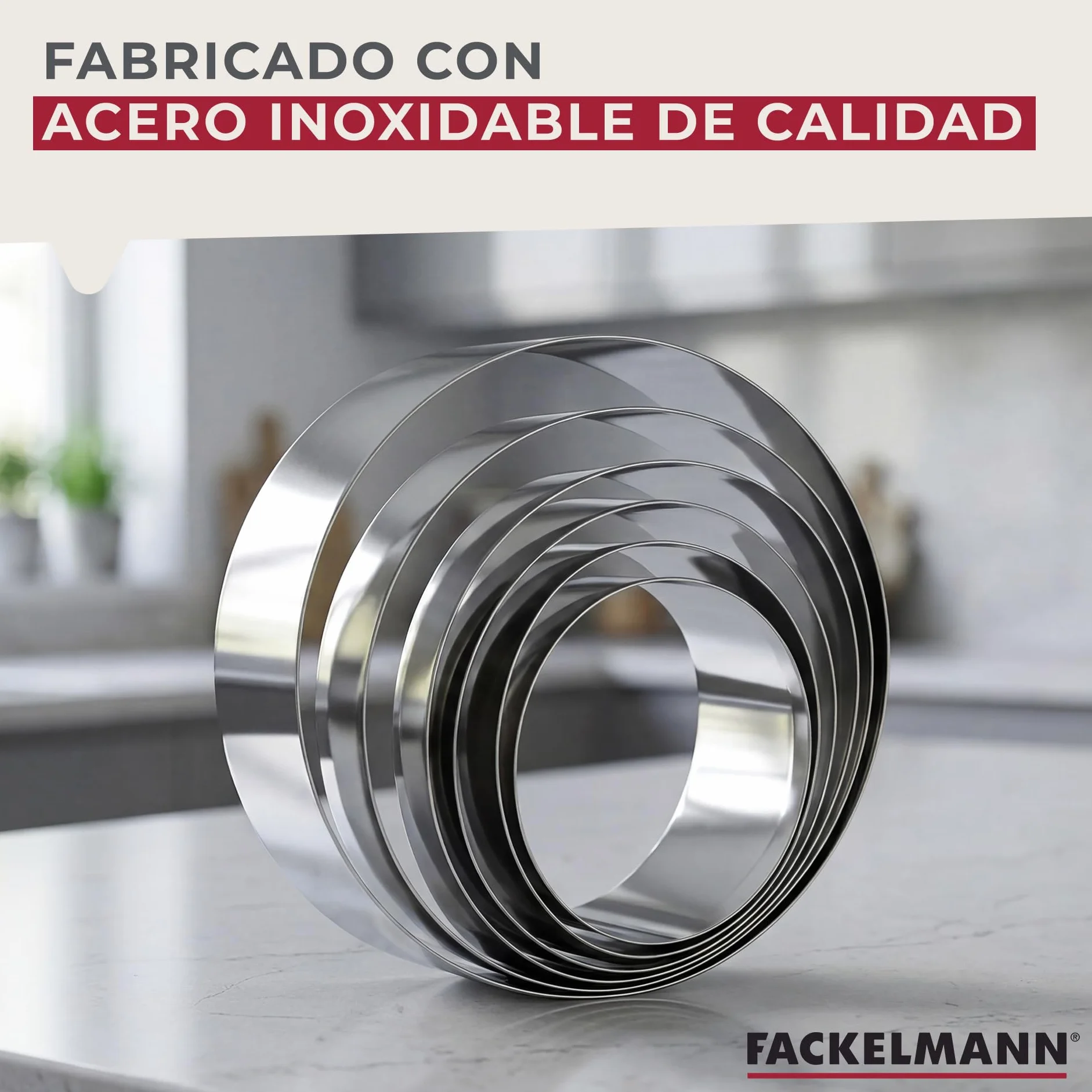 Fackelmann 6 Aros de Cocina, Moldes para Emplatar y dar forma a los alimentos, Diferentes tamaños, Acero Inoxidable, Color Gris, 5-6-7-8-10-12 x 4.5 cm, 6 Uds