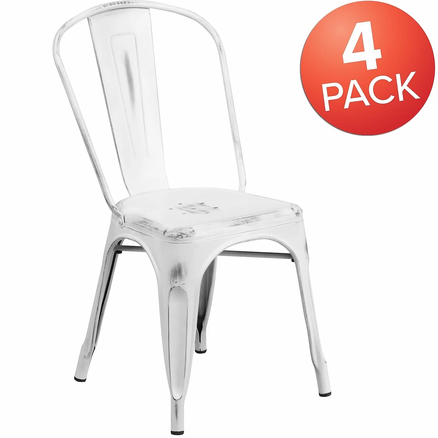 Flash Furniture Blake - Silla apilable de Metal Blanco Envejecido para Interiores y Exteriores, 4 Unidades