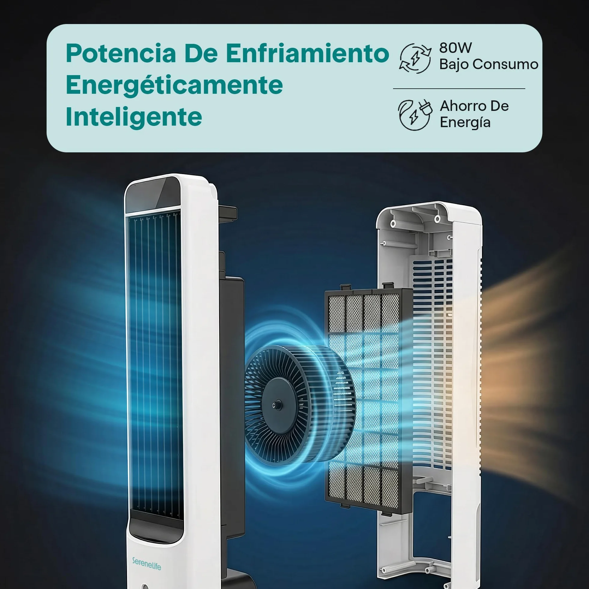 SereneLife Enfriador de Aire Evaporativo, de Torre con Mando a Distancia, Tanque de 5L, 4 Cajas de Hielo, 3 Velocidades, Enfriador de Pie Silencioso con Oscilacion, Portatil, Eficiente en Energia