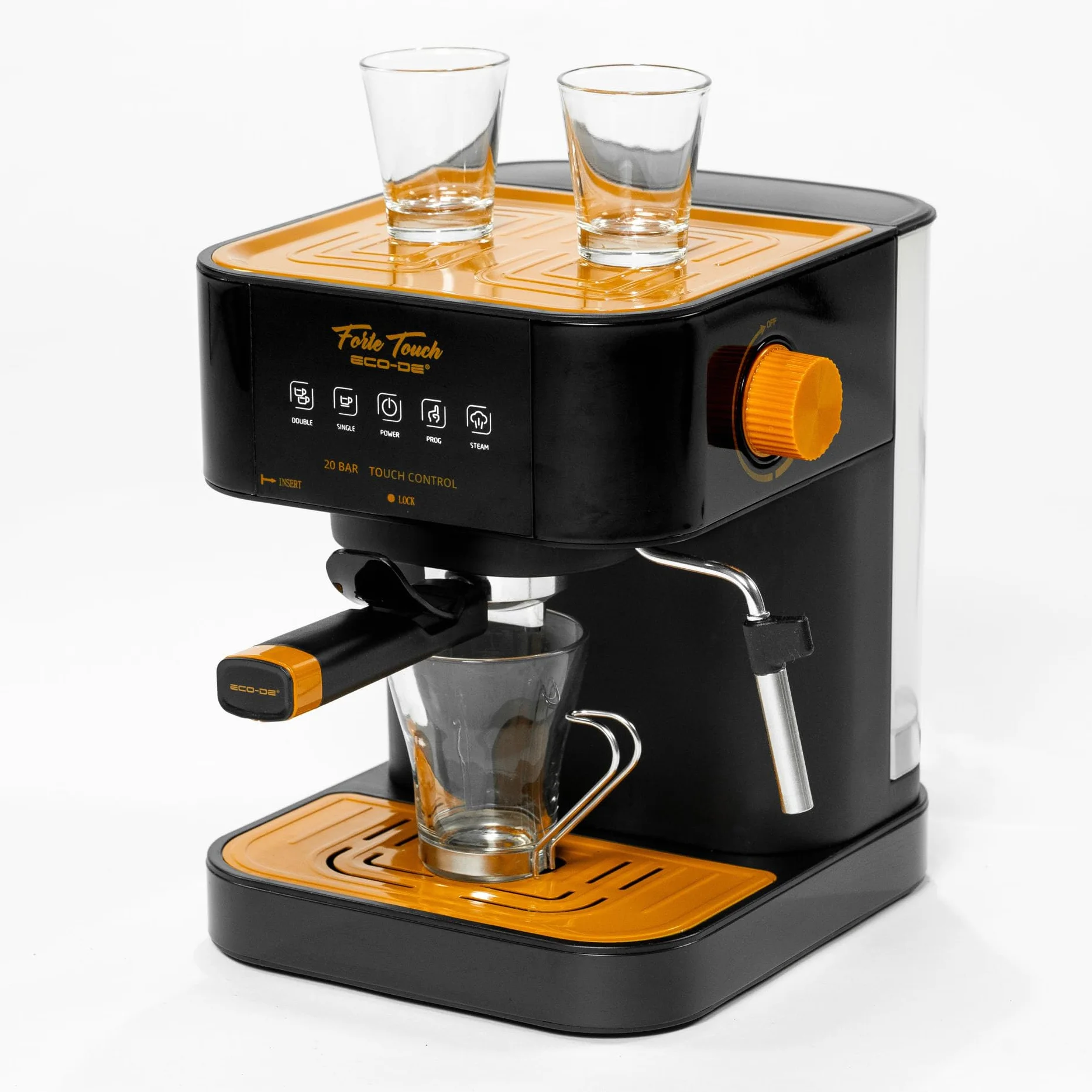 ECODE® Cafetera Express con 20 Bares de Presión y 1050 W, Vaporizador, Deposito de 1.6L, Calientatazas, Panel Táctil, Brazo Doble Salida, Dosificador con Prensador, Mono/Doble dosis - Forte Touch