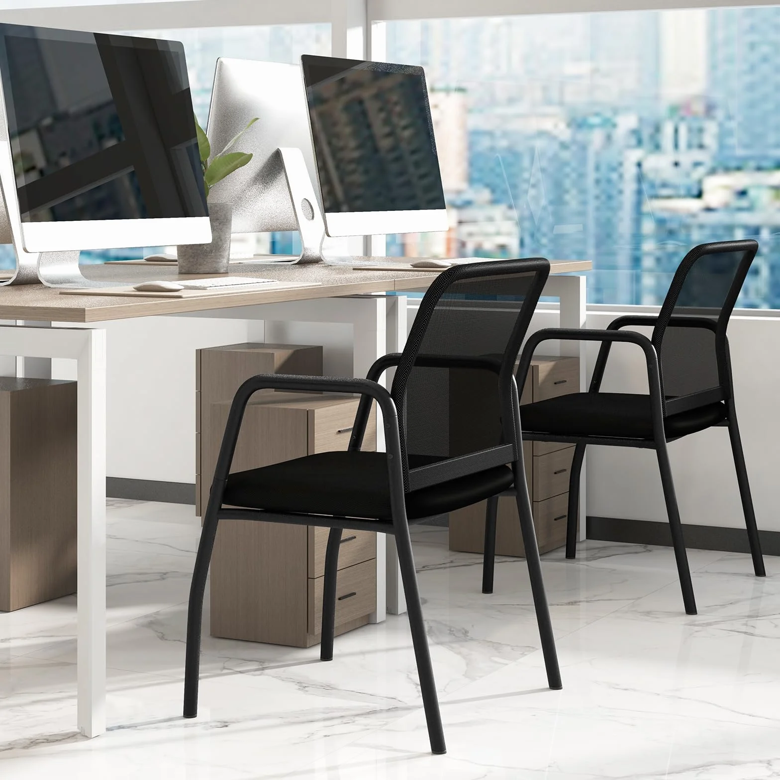 COSTWAY 2 Sillas Sala de Espera, Brazos y Asiento Acolchado, Malla, Respaldo Ergonómico, Carga 150kg, Negro