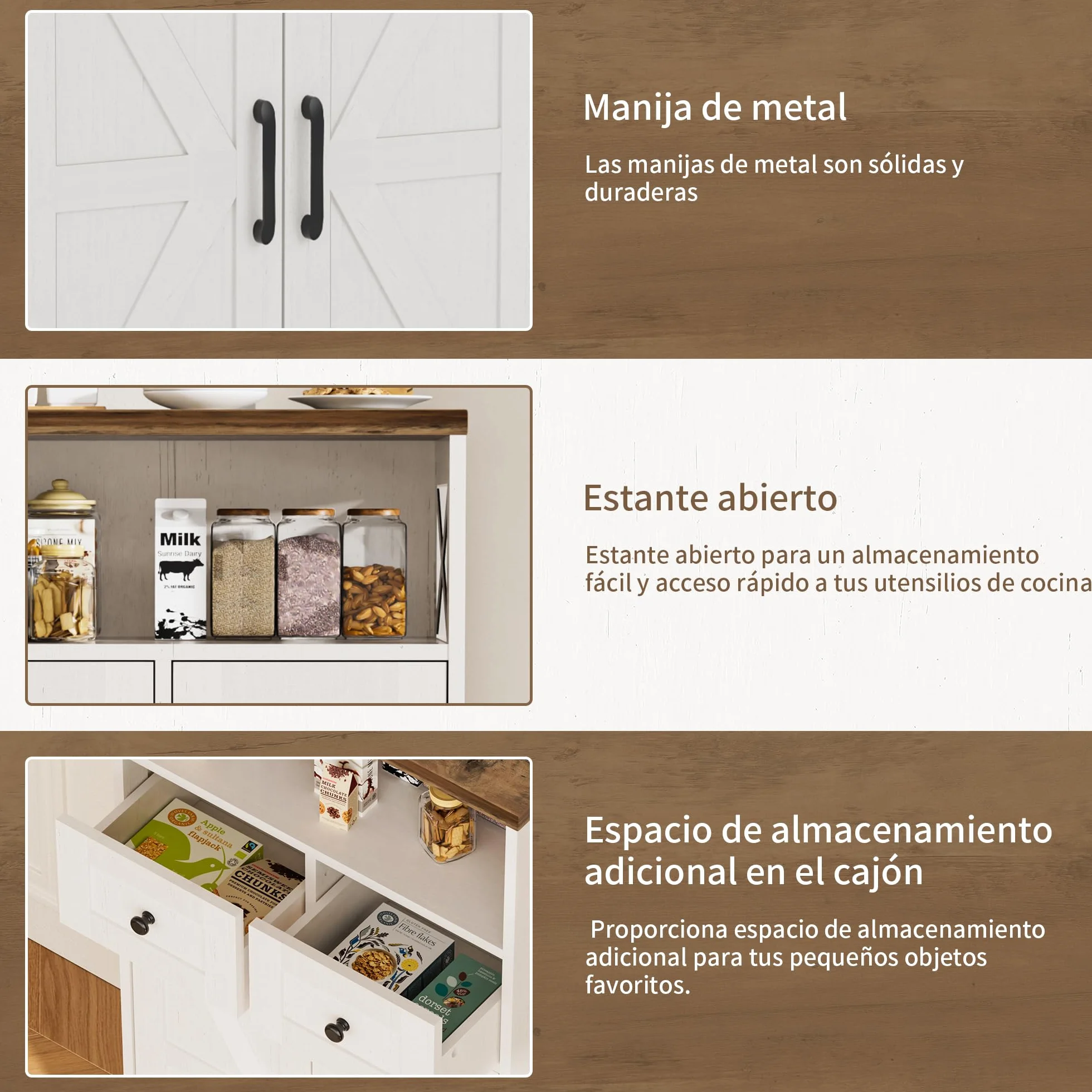 BonVache Aparador, armario de cocina con cajones, armario de almacenamiento, aparador con estante abierto, gabinete de cafetería para cocina, comedor, sala de estar, 58 x 29 x 108 cm, Blanco