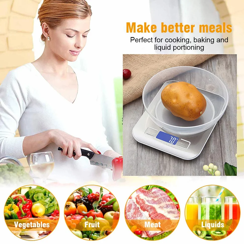GRIFEMA GA2002 Báscula de Cocina Acero Inoxidable Balanza de Alimentos 5 kg 11 lbs Pantalla LCD Azul