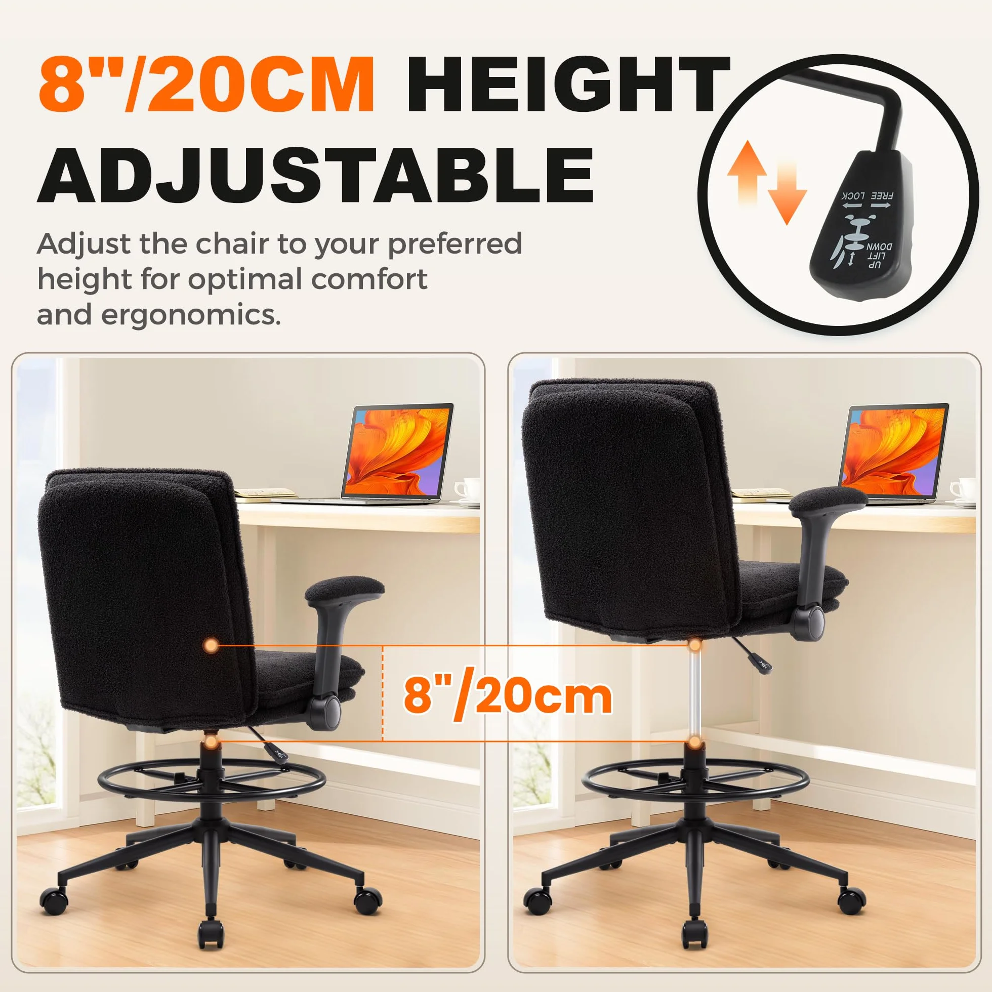 Silla de trabajo ergonómica regulable en altura, giratoria con reposapiés ajustable y reposabrazos plegables negra