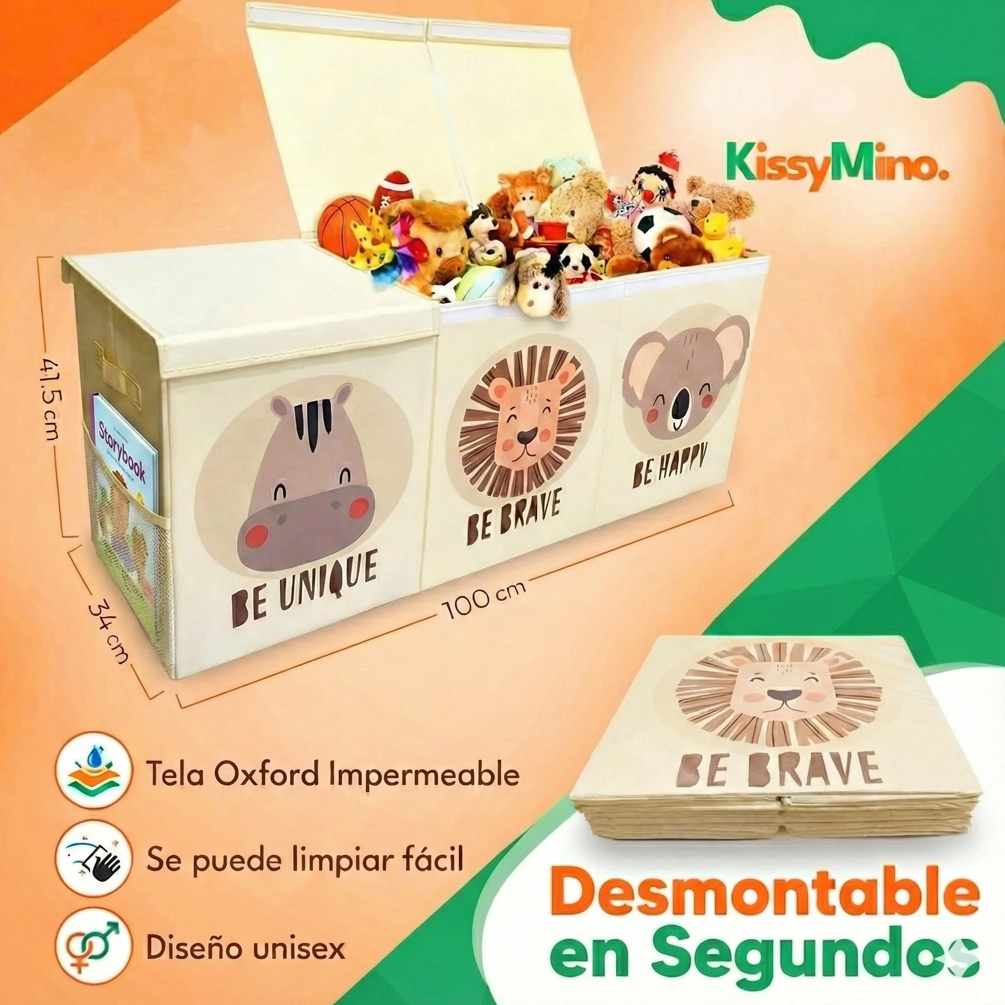Baúl almacenaje juguetes infantil XL con tapa plegable, Organizador juguetero beige