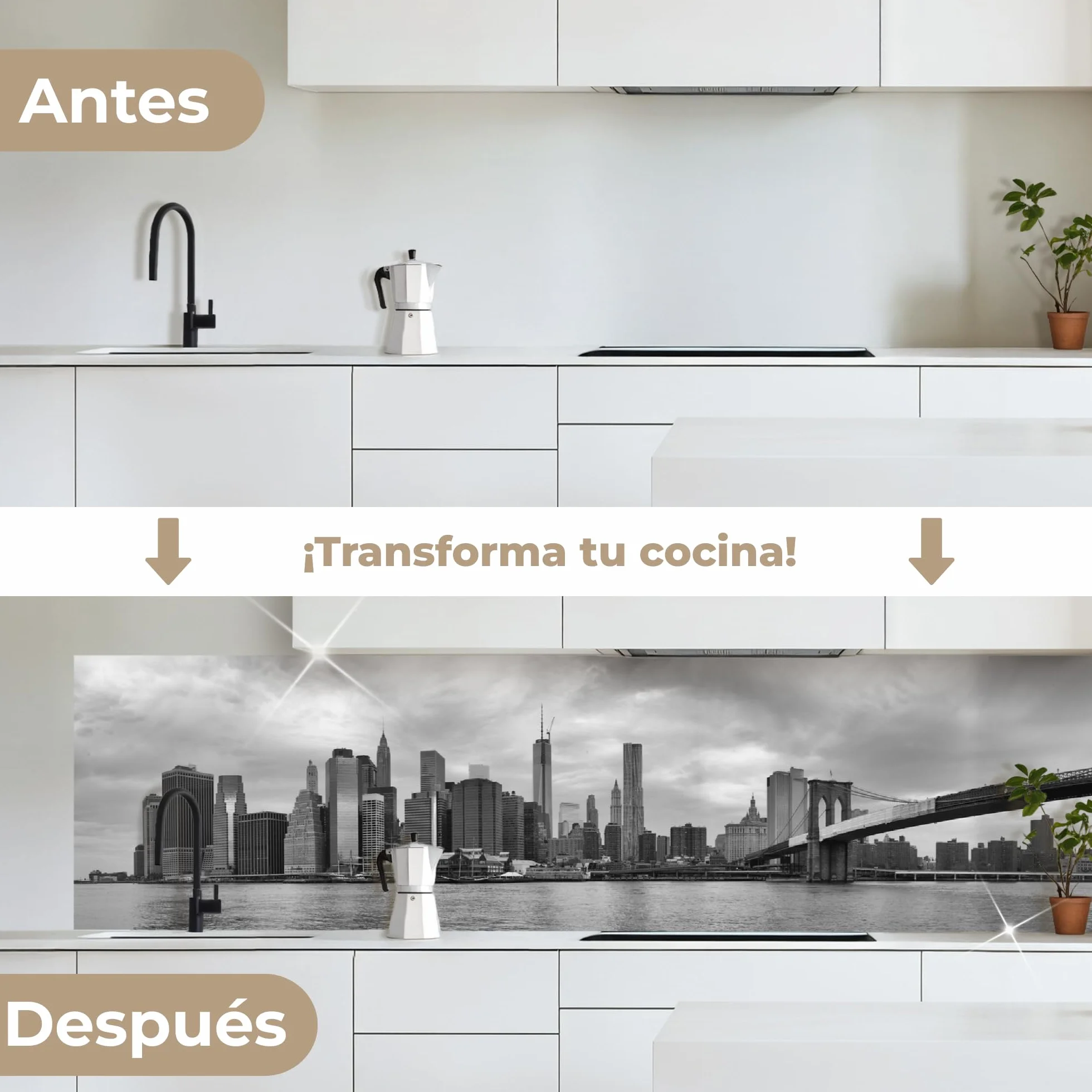 KitchenYeah© Antisalpicaduras Cocina 80x300 cm Adhesivo Salpicadero Protector Pared Salpicaduras Revestimiento Skyline - Puente - Edificios - Incoloro