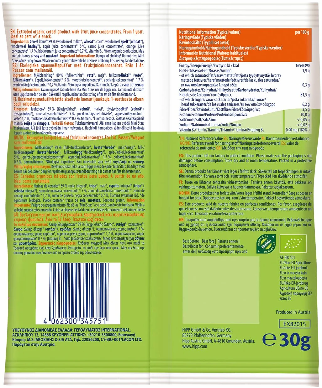 HiPP Biológico Mini Stars Snack de Estrellitas con Frutas BIO 30g Manzana Naranja Grosella Negra