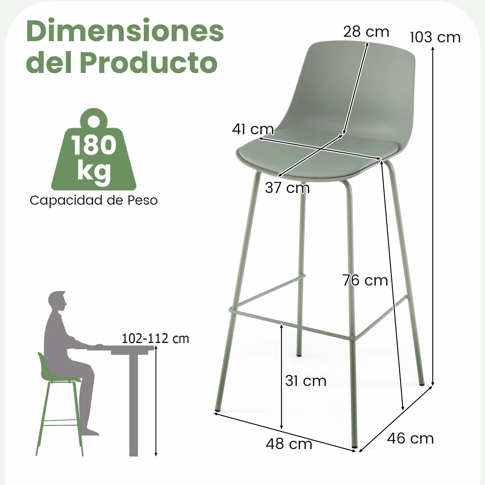 COSTWAY Juego de 4 Taburetes de Bar, Altura Asiento 76 cm, Taburetes Altos de Cocina con Respaldo, Asientos Acolchados, Reposapiés y Patas Metal, Silla Altas de Bar para Isla Cocina y Comedor, Verde