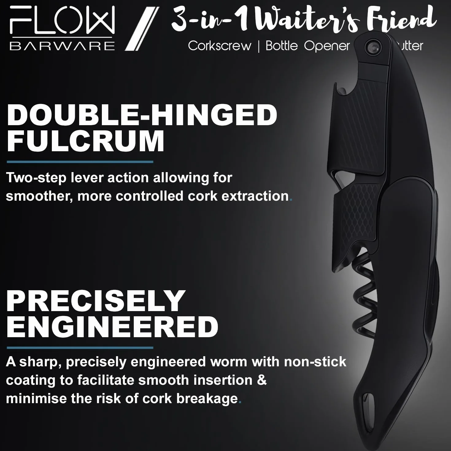 FLOW Barware Sacacorchos 3 en 1, Abrebotellas y Cortador de Aluminio, Abridor de Vino Multiusos, Negro