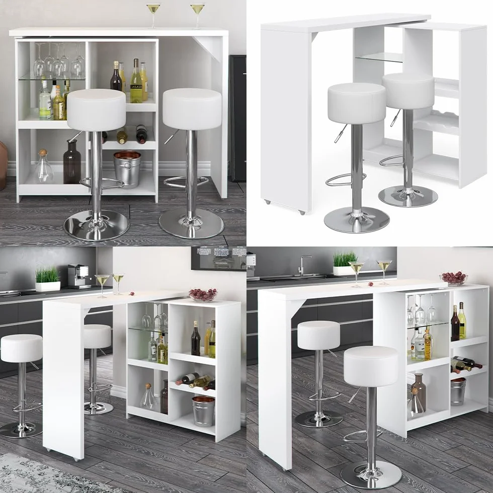 Vicco Set de Mesa de Bar Vega, Blanco, 138 x 39 cm con 2 taburetes de Bar, Plegable con estantes Abiertos para Almacenamiento